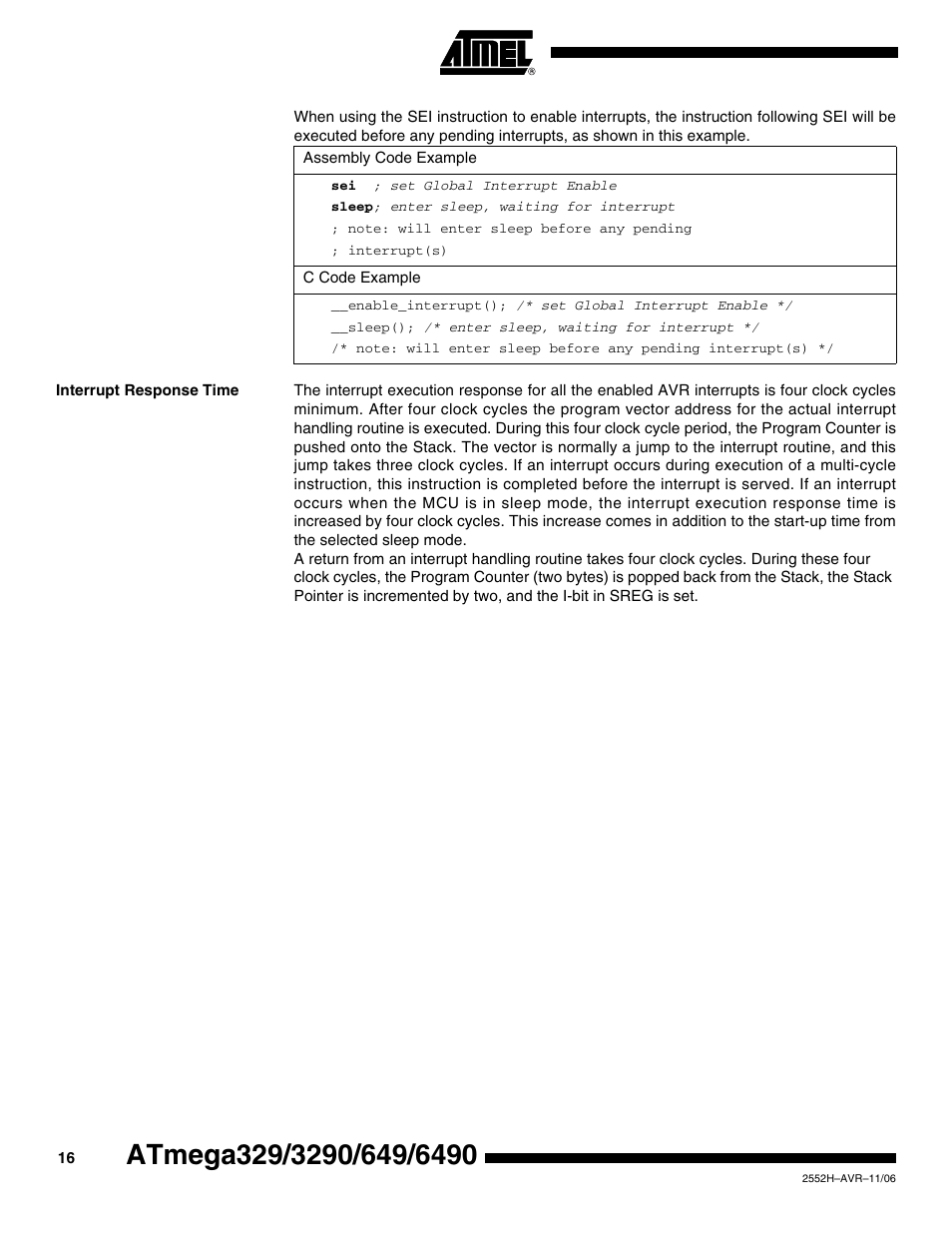 Interrupt response time | Rainbow Electronics ATmega3290P_V User Manual | Page 16 / 375