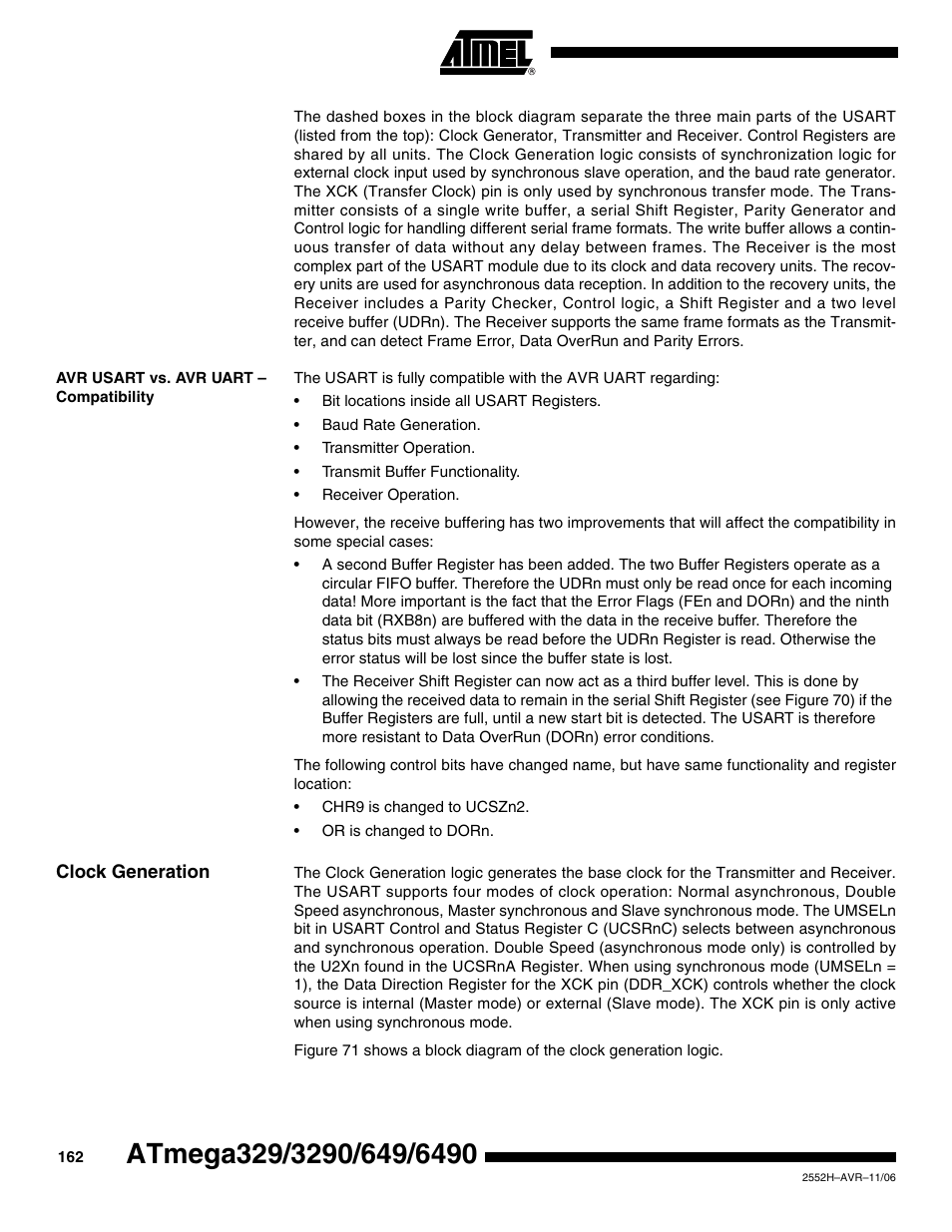Avr usart vs. avr uart - compatibility, Clock generation | Rainbow Electronics ATmega3290P_V User Manual | Page 162 / 375