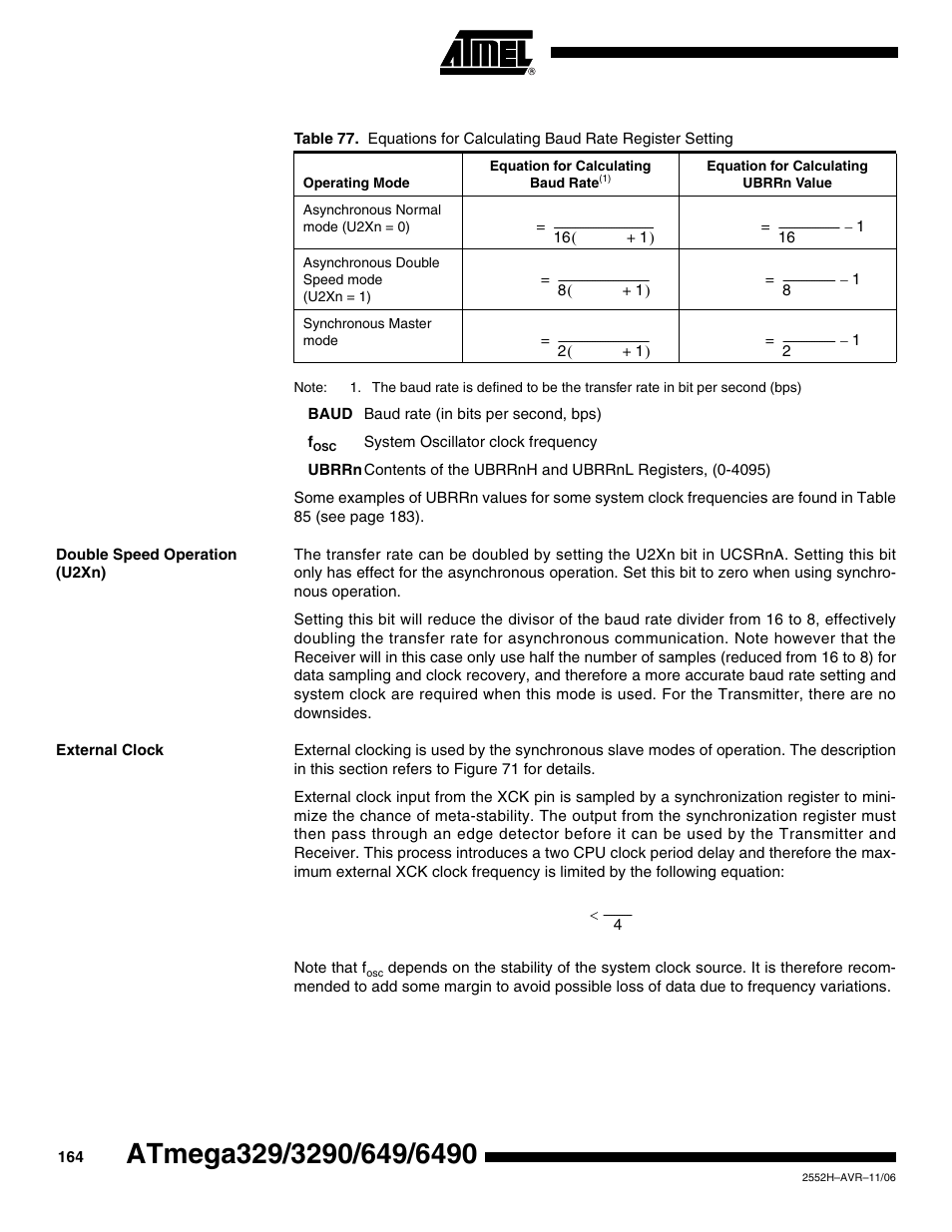 Double speed operation (u2xn), External clock | Rainbow Electronics ATmega3290P_V User Manual | Page 164 / 375