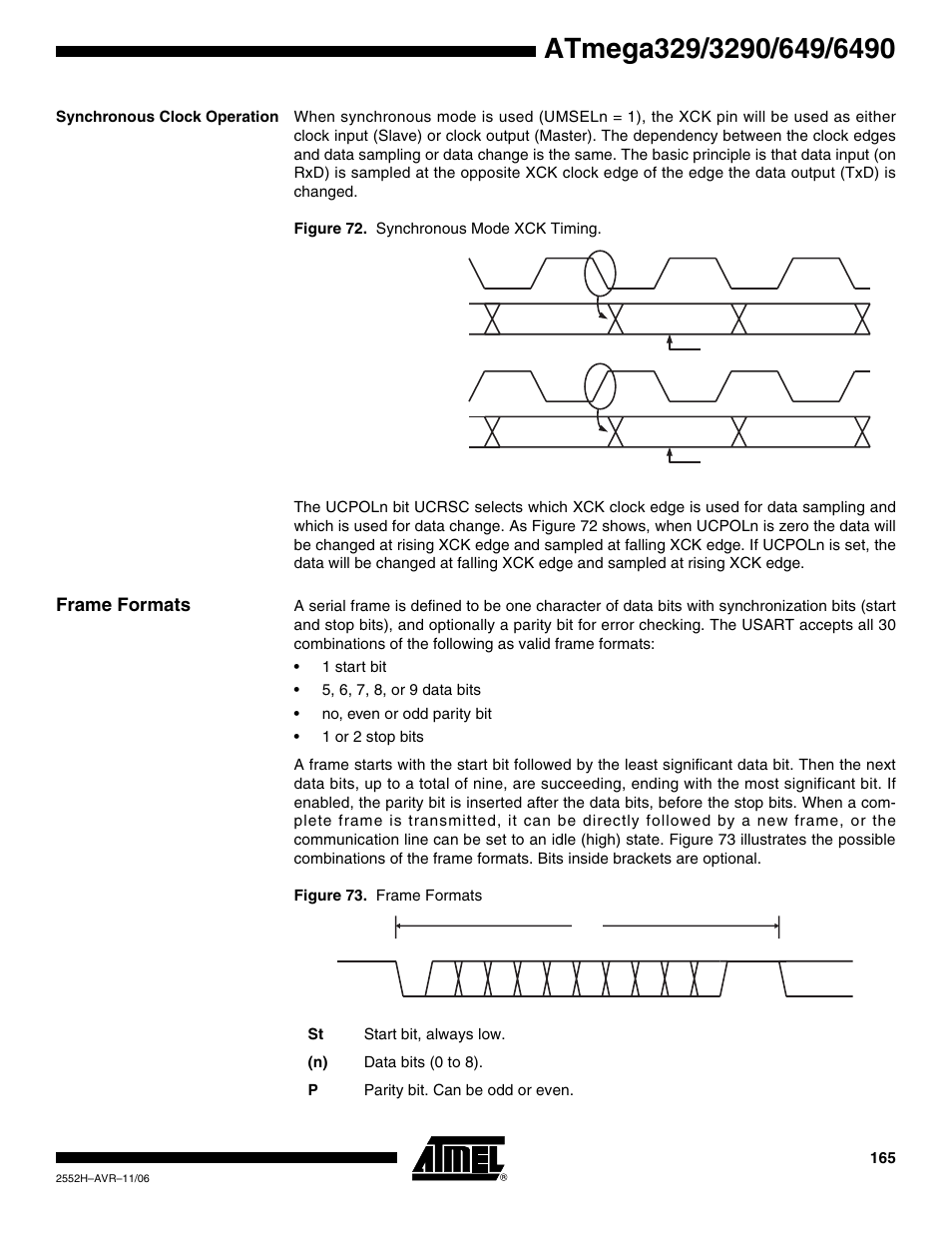 Synchronous clock operation, Frame formats | Rainbow Electronics ATmega3290P_V User Manual | Page 165 / 375