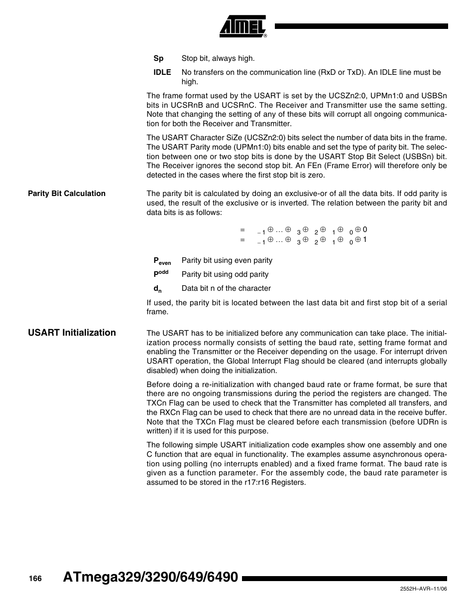 Parity bit calculation, Usart initialization | Rainbow Electronics ATmega3290P_V User Manual | Page 166 / 375