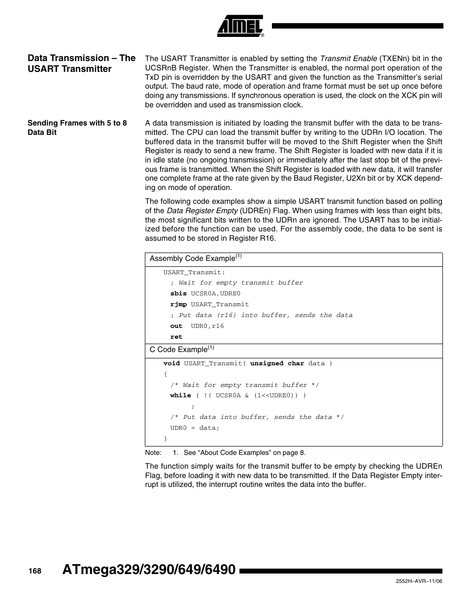 Data transmission - the usart transmitter, Sending frames with 5 to 8 data bit, Data transmission – the usart transmitter | Rainbow Electronics ATmega3290P_V User Manual | Page 168 / 375