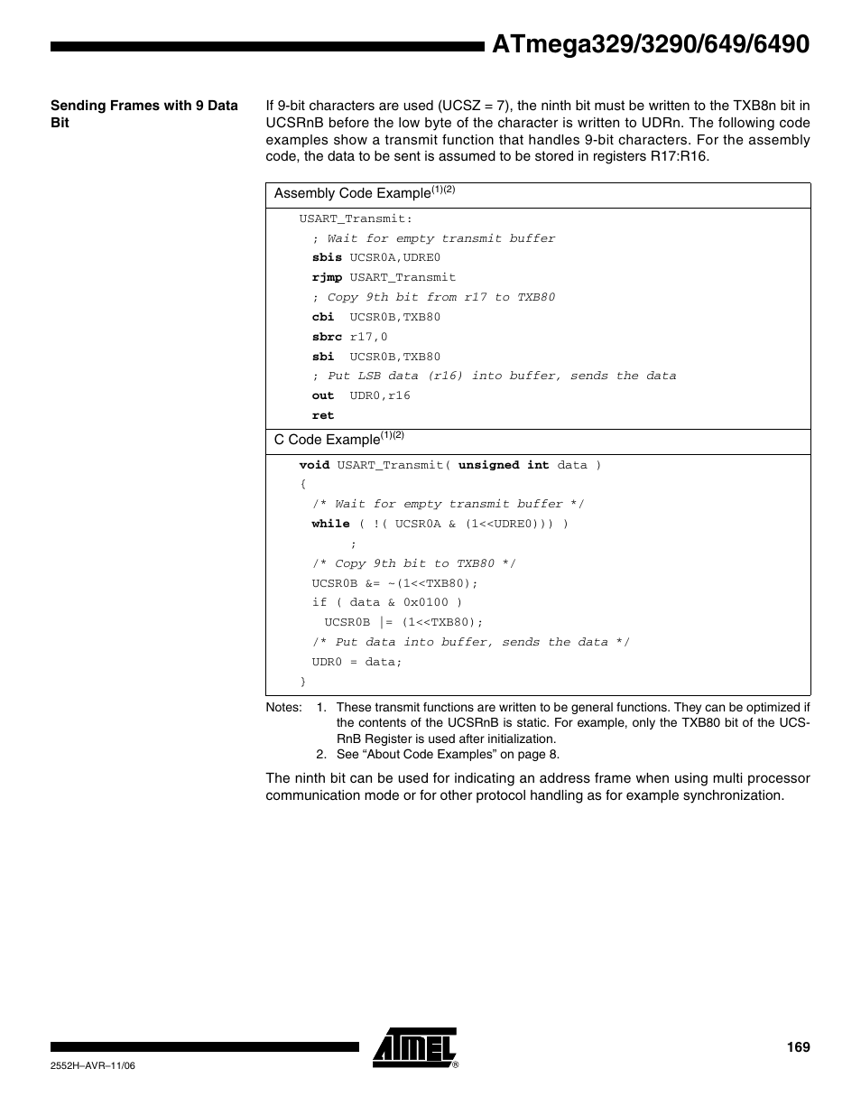Sending frames with 9 data bit | Rainbow Electronics ATmega3290P_V User Manual | Page 169 / 375