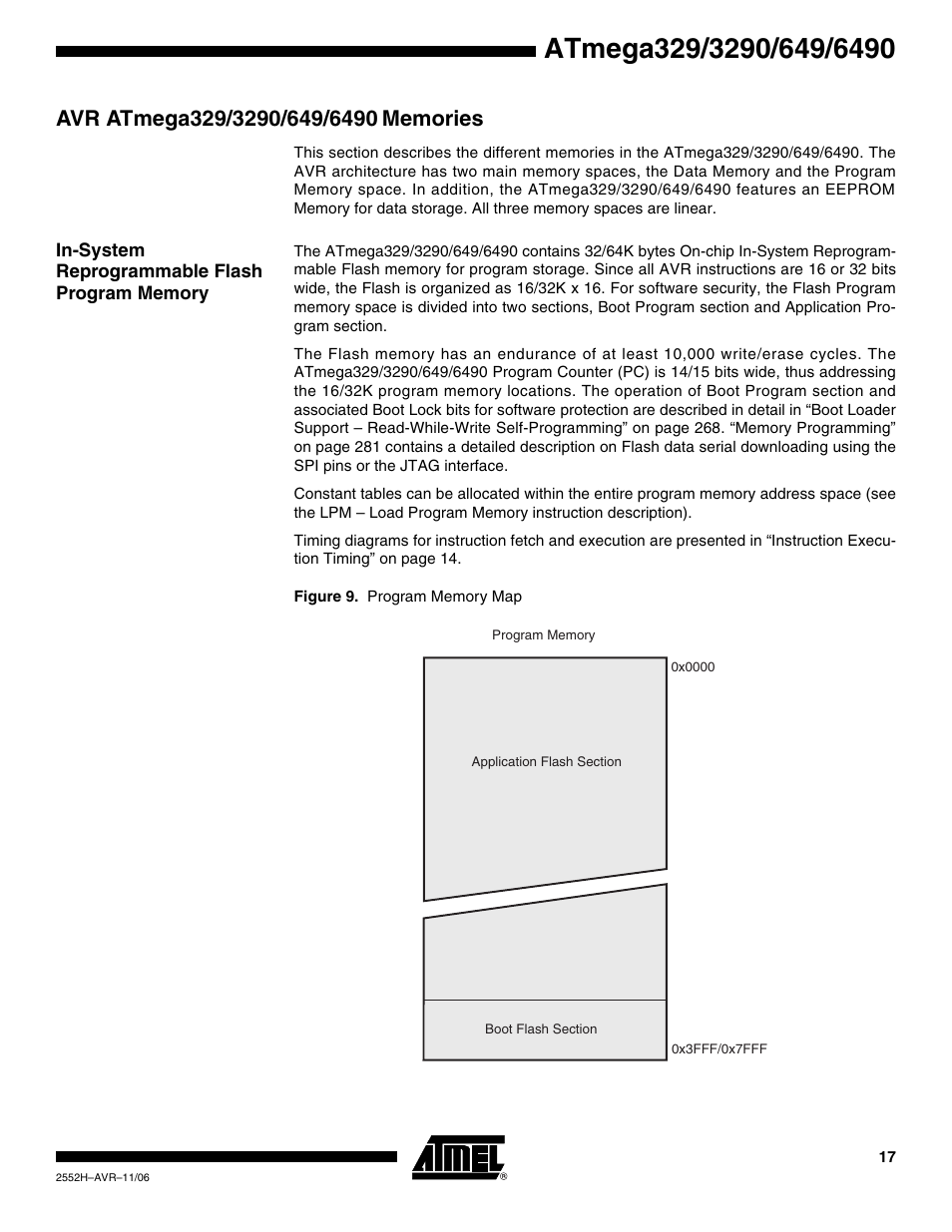 Avr atmega329/3290/649/6490 memories, In-system reprogrammable flash program memory | Rainbow Electronics ATmega3290P_V User Manual | Page 17 / 375