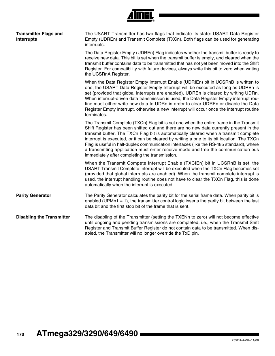 Transmitter flags and interrupts, Parity generator, Disabling the transmitter | Rainbow Electronics ATmega3290P_V User Manual | Page 170 / 375