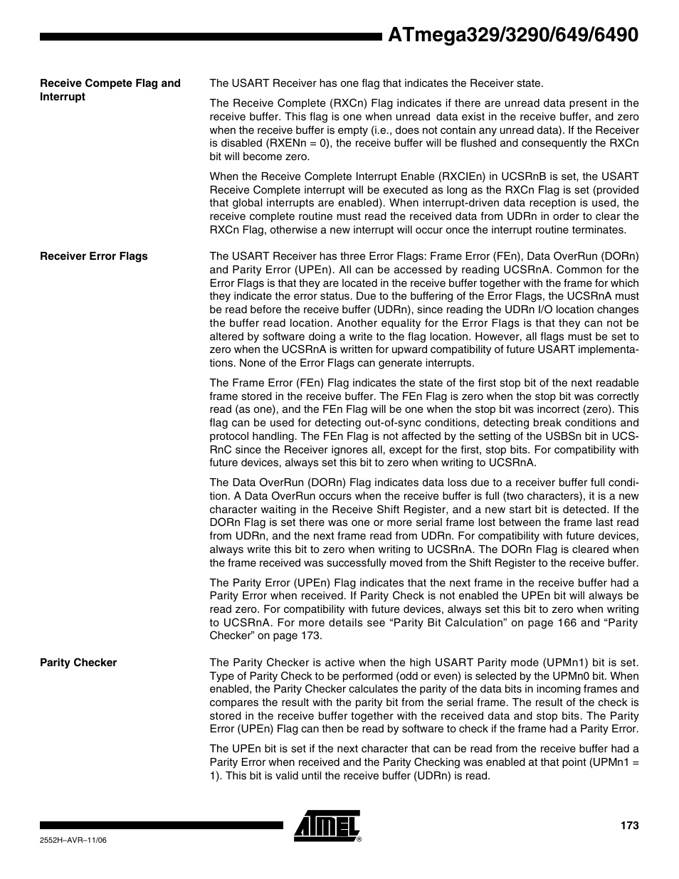 Receive compete flag and interrupt, Receiver error flags, Parity checker | Rainbow Electronics ATmega3290P_V User Manual | Page 173 / 375