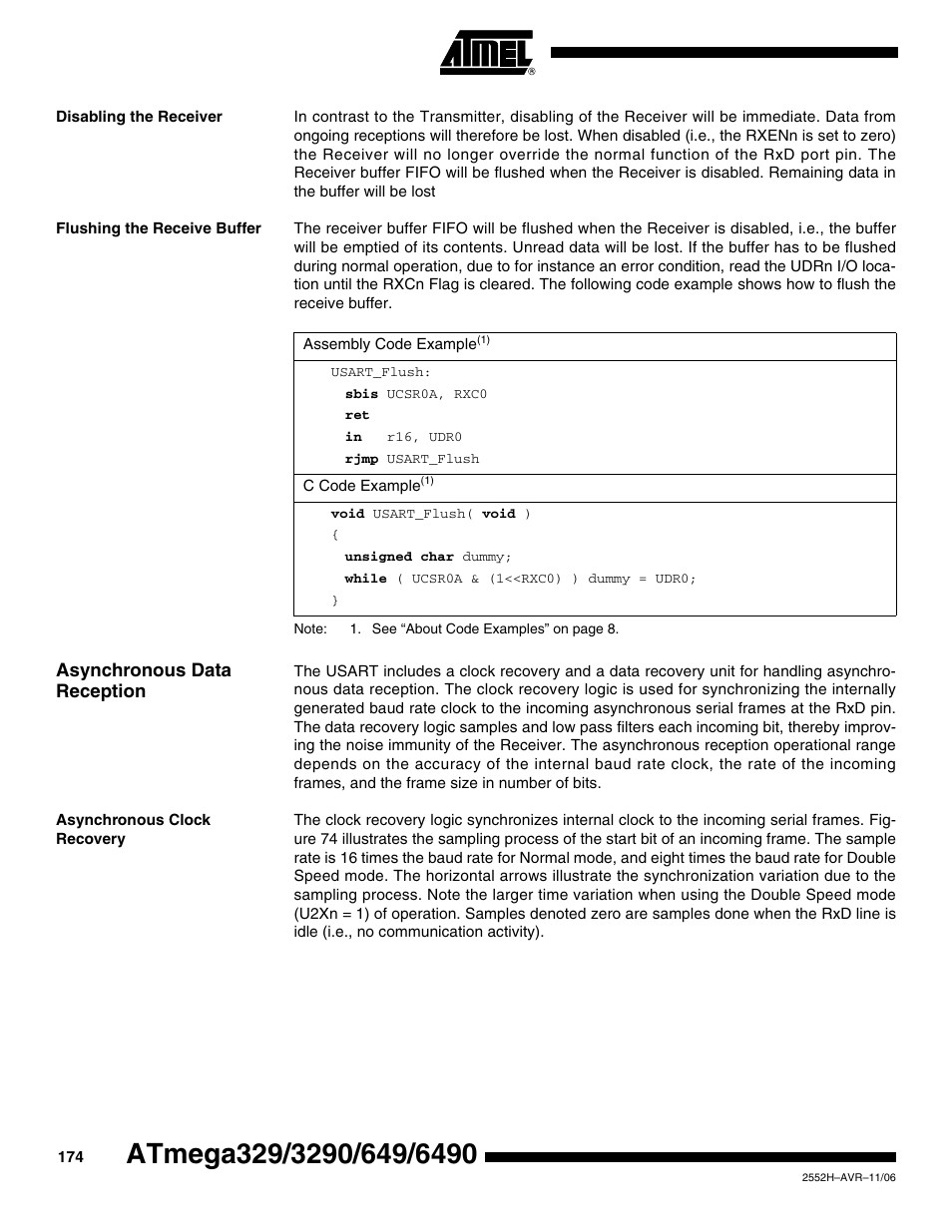 Disabling the receiver, Flushing the receive buffer, Asynchronous data reception | Asynchronous clock recovery | Rainbow Electronics ATmega3290P_V User Manual | Page 174 / 375