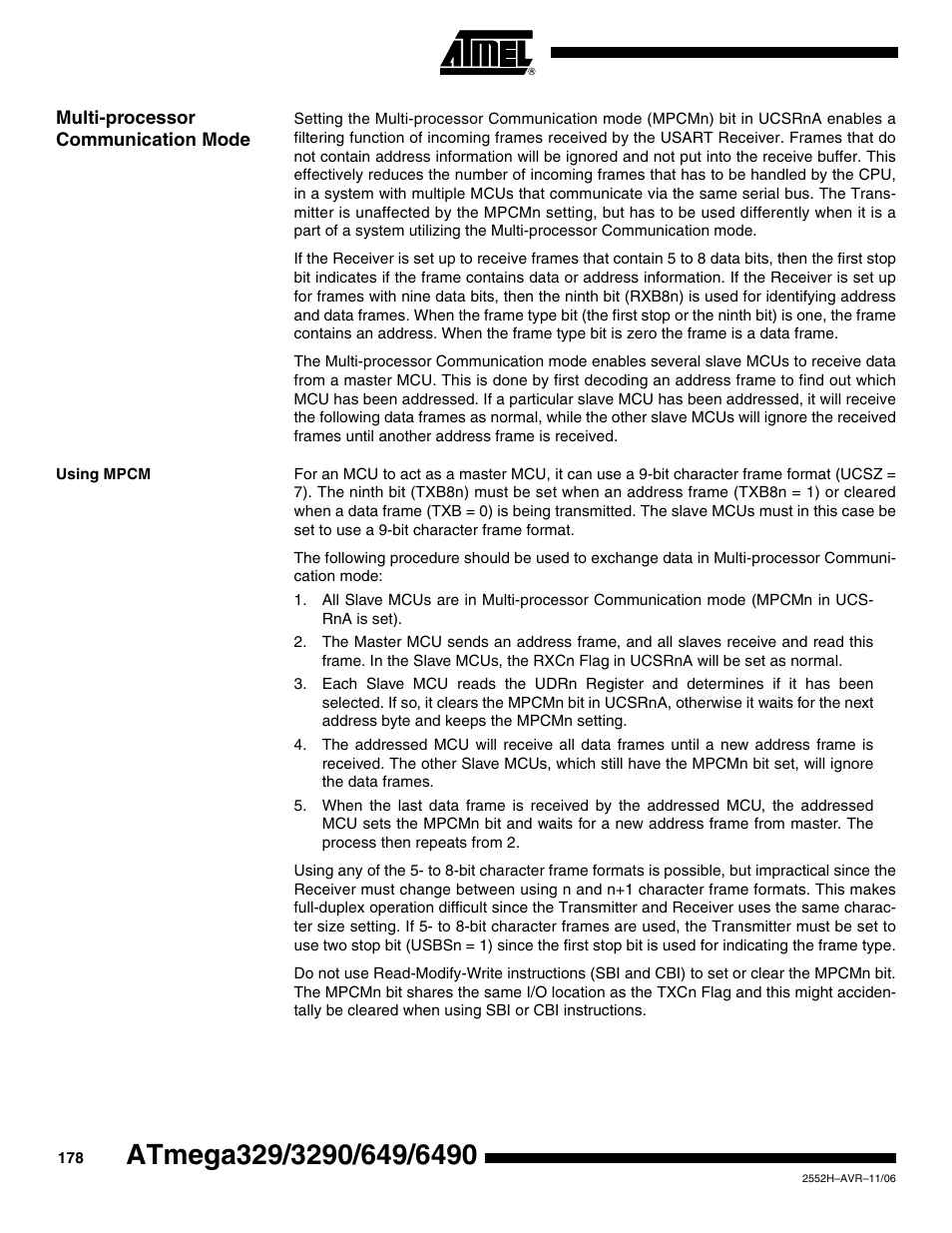 Multi-processor communication mode, Using mpcm | Rainbow Electronics ATmega3290P_V User Manual | Page 178 / 375
