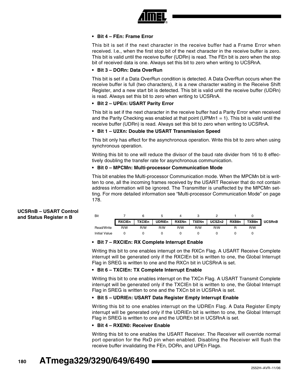 Ucsrnb - usart control and status register n b | Rainbow Electronics ATmega3290P_V User Manual | Page 180 / 375