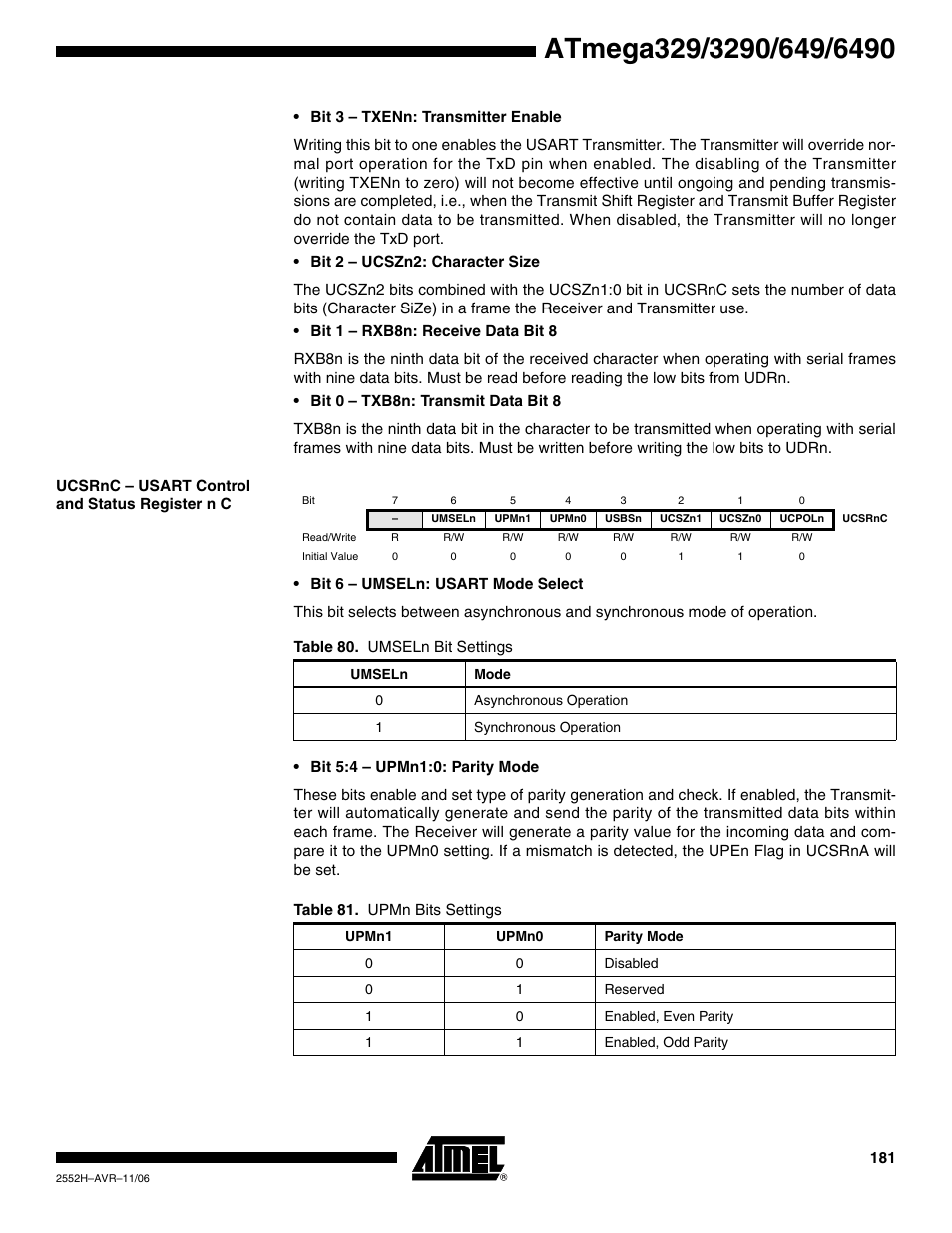 Ucsrnc - usart control and status register n c | Rainbow Electronics ATmega3290P_V User Manual | Page 181 / 375