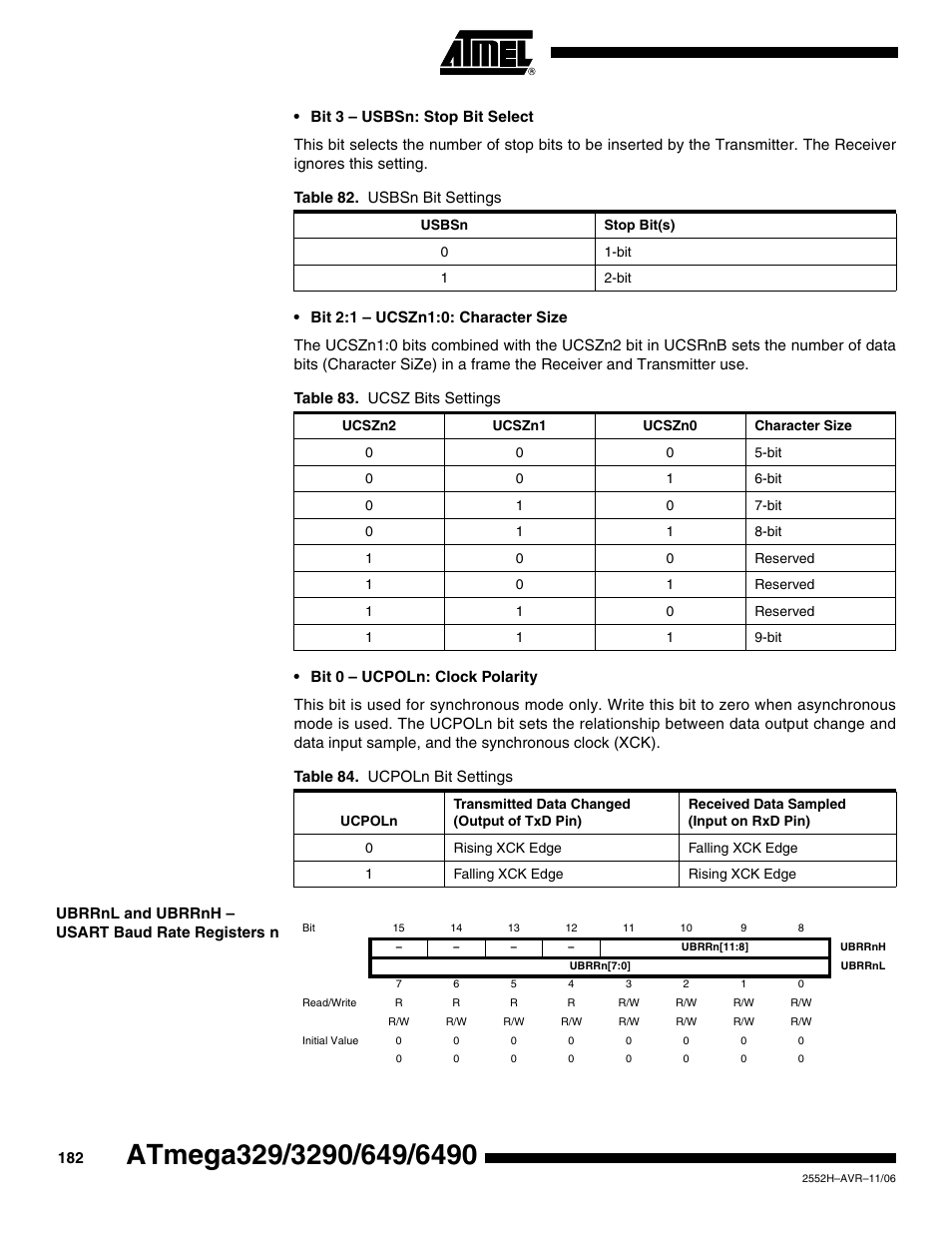Ubrrnl and ubrrnh - usart baud rate registers n | Rainbow Electronics ATmega3290P_V User Manual | Page 182 / 375
