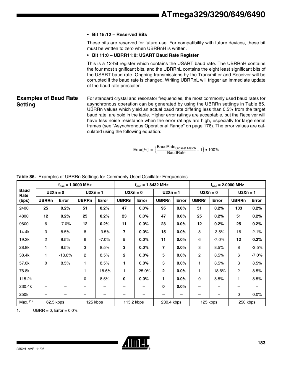 Examples of baud rate setting | Rainbow Electronics ATmega3290P_V User Manual | Page 183 / 375
