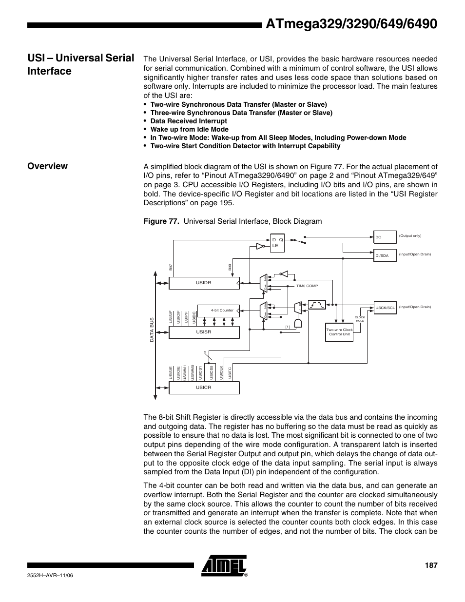 Usi - universal serial interface, Overview, Usi – universal serial interface | Data received interrupt, Wake up from idle mode | Rainbow Electronics ATmega3290P_V User Manual | Page 187 / 375