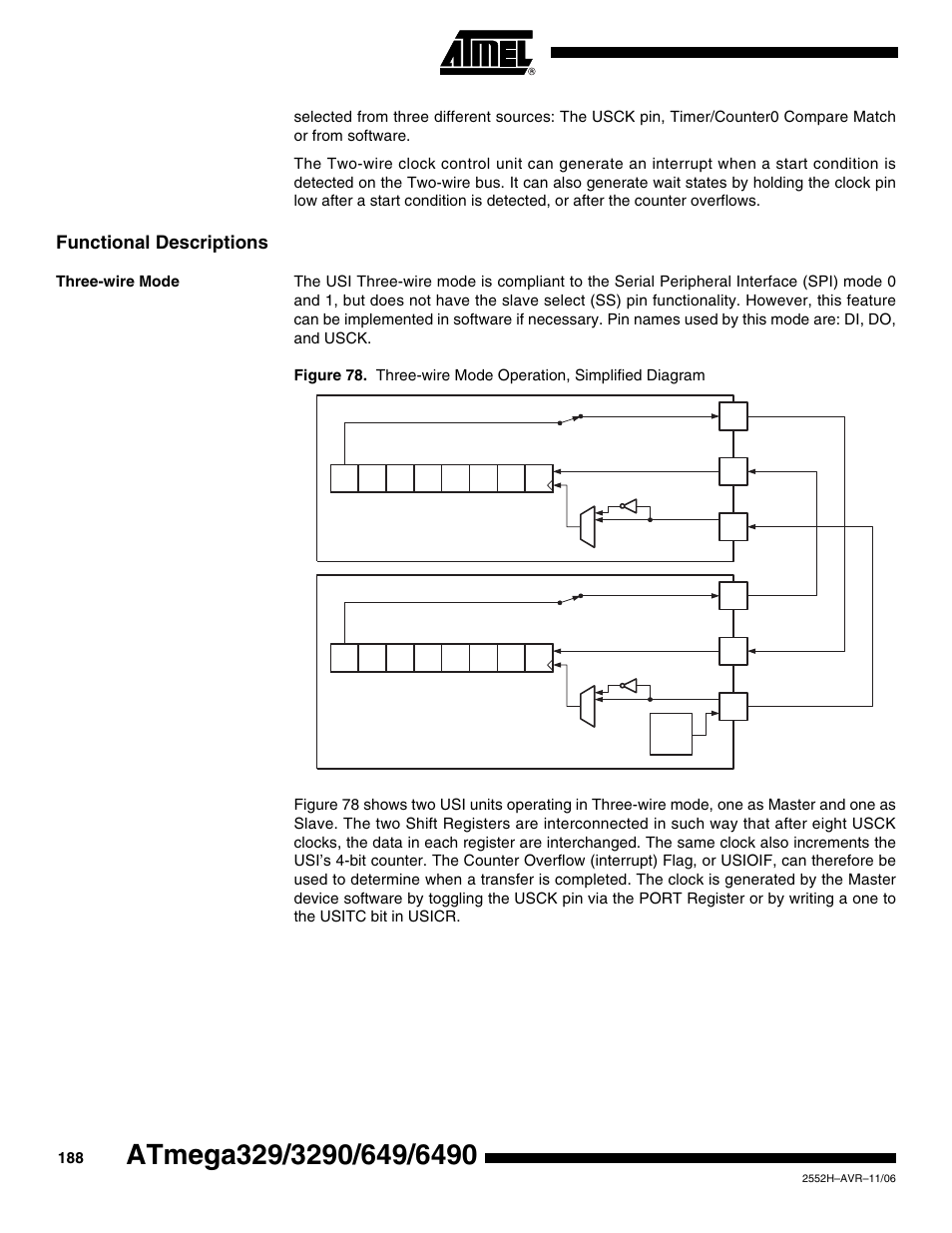 Functional descriptions, Three-wire mode | Rainbow Electronics ATmega3290P_V User Manual | Page 188 / 375