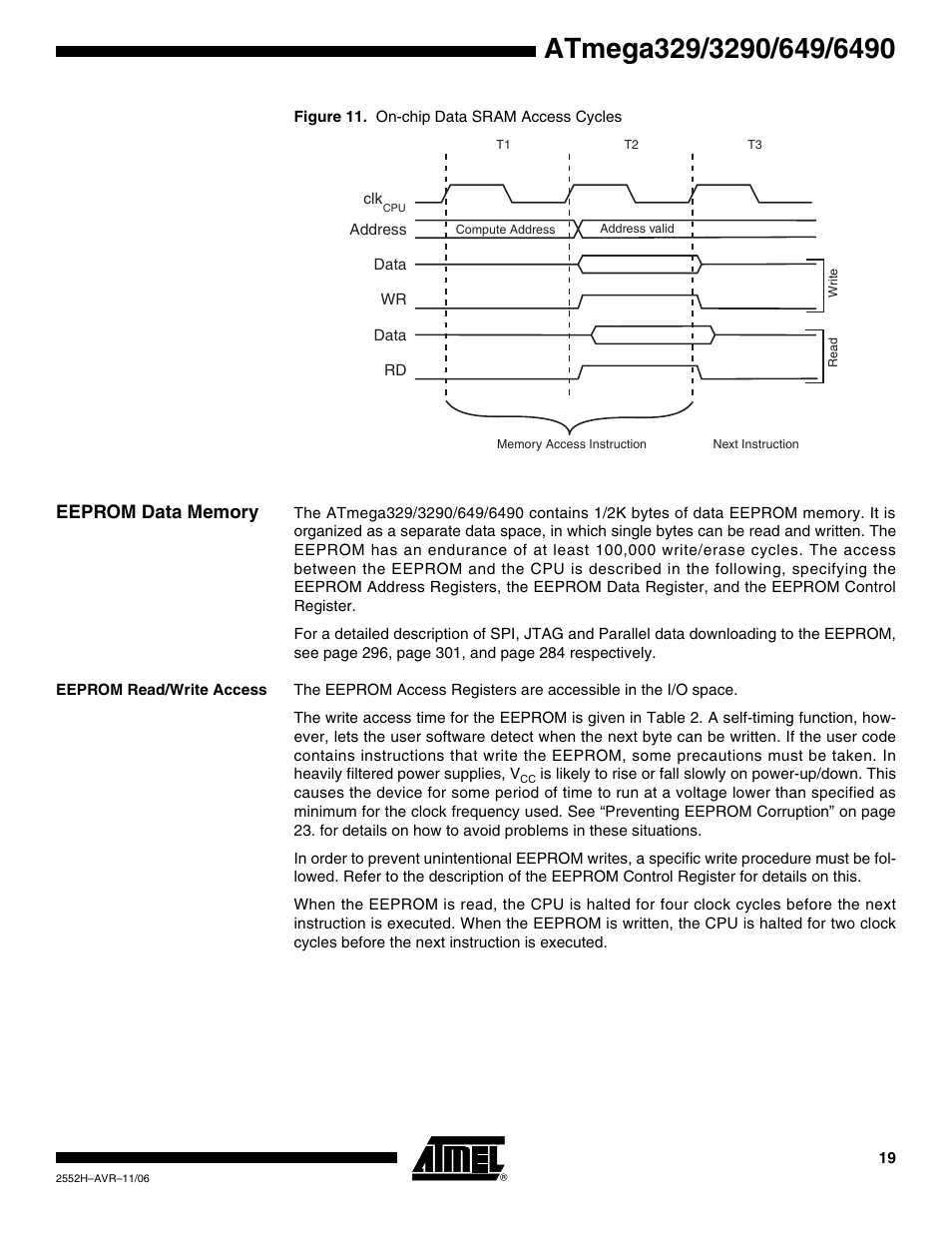 Eeprom data memory, Eeprom read/write access | Rainbow Electronics ATmega3290P_V User Manual | Page 19 / 375