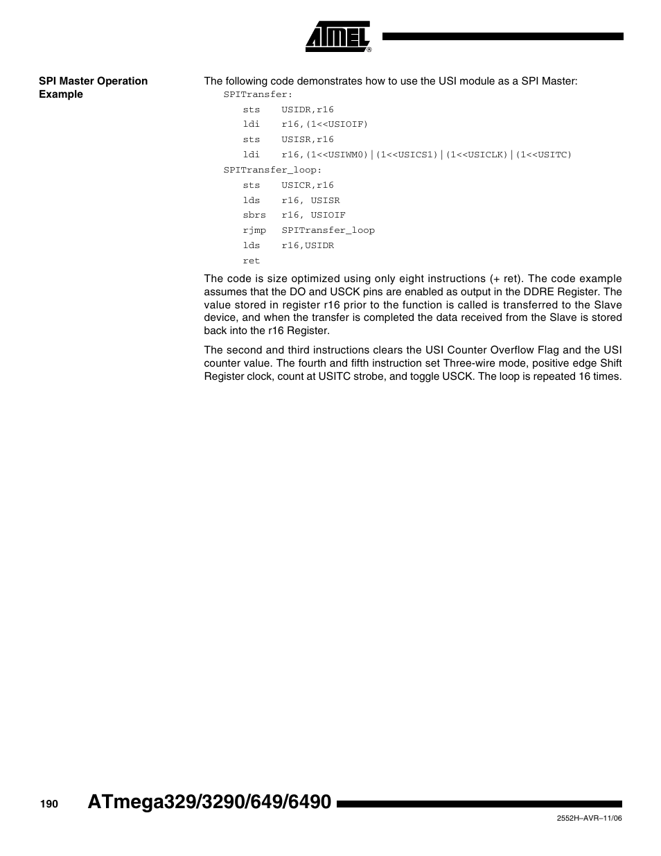 Spi master operation example | Rainbow Electronics ATmega3290P_V User Manual | Page 190 / 375