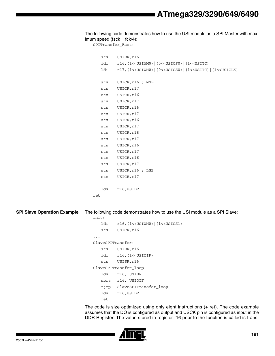 Spi slave operation example | Rainbow Electronics ATmega3290P_V User Manual | Page 191 / 375