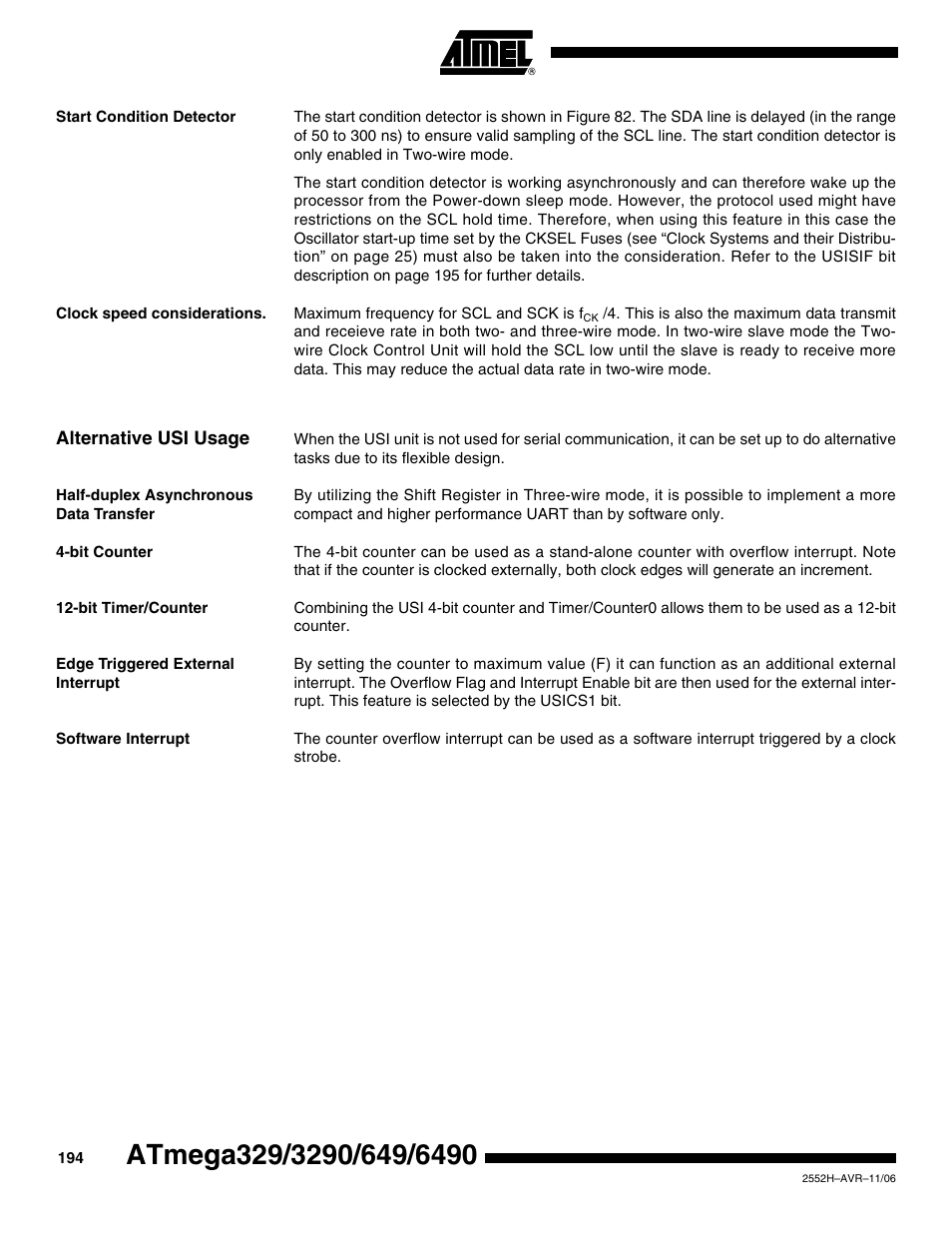 Start condition detector, Clock speed considerations, Alternative usi usage | Half-duplex asynchronous data transfer, Bit counter, Bit timer/counter, Edge triggered external interrupt, Software interrupt | Rainbow Electronics ATmega3290P_V User Manual | Page 194 / 375