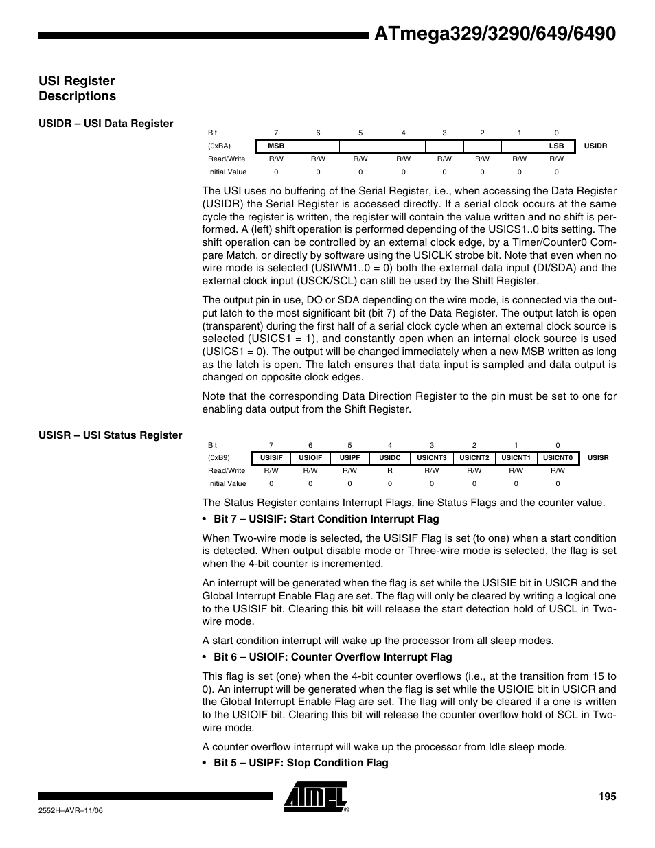 Usi register descriptions, Usidr - usi data register, Usisr - usi status register | Rainbow Electronics ATmega3290P_V User Manual | Page 195 / 375