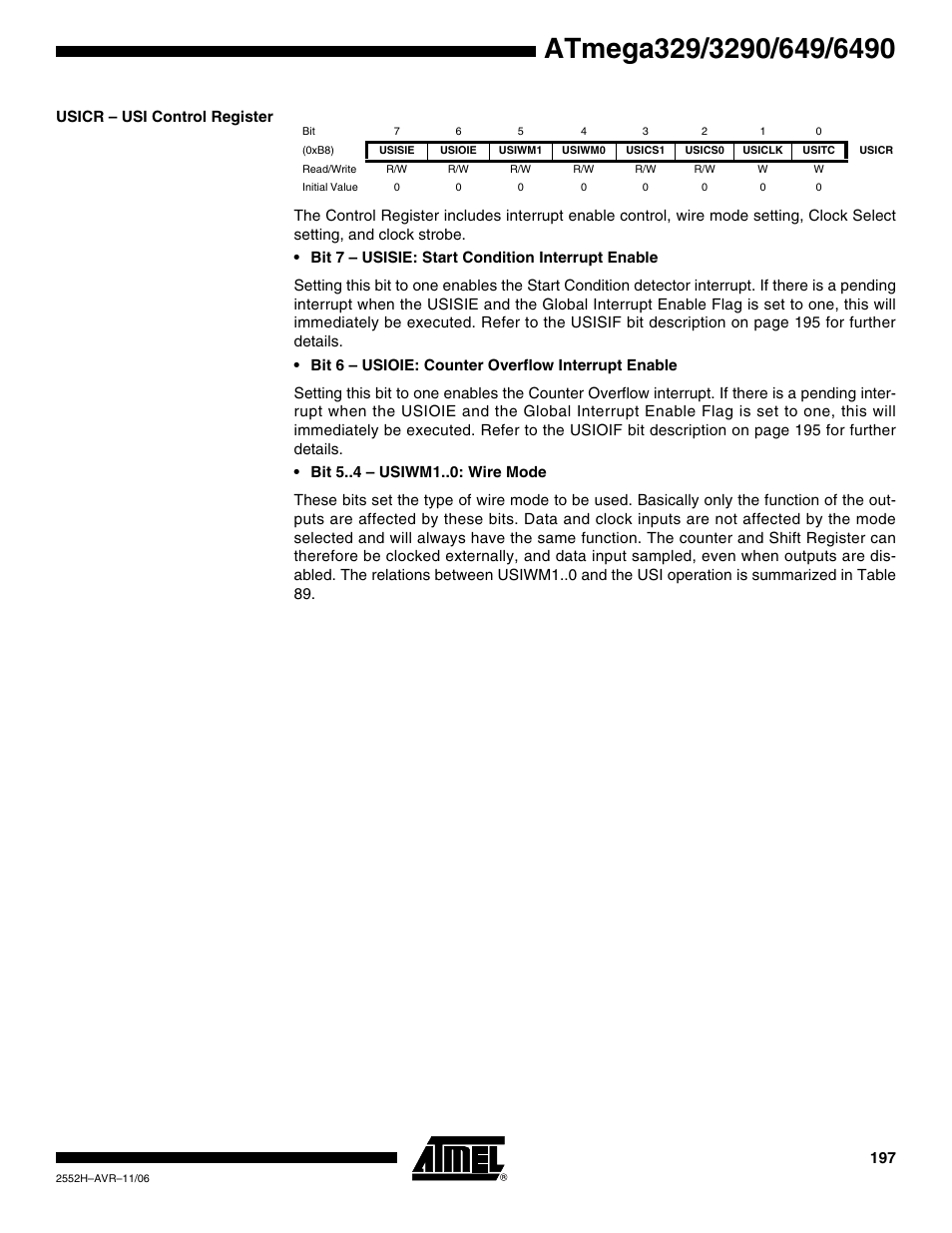 Usicr - usi control register | Rainbow Electronics ATmega3290P_V User Manual | Page 197 / 375