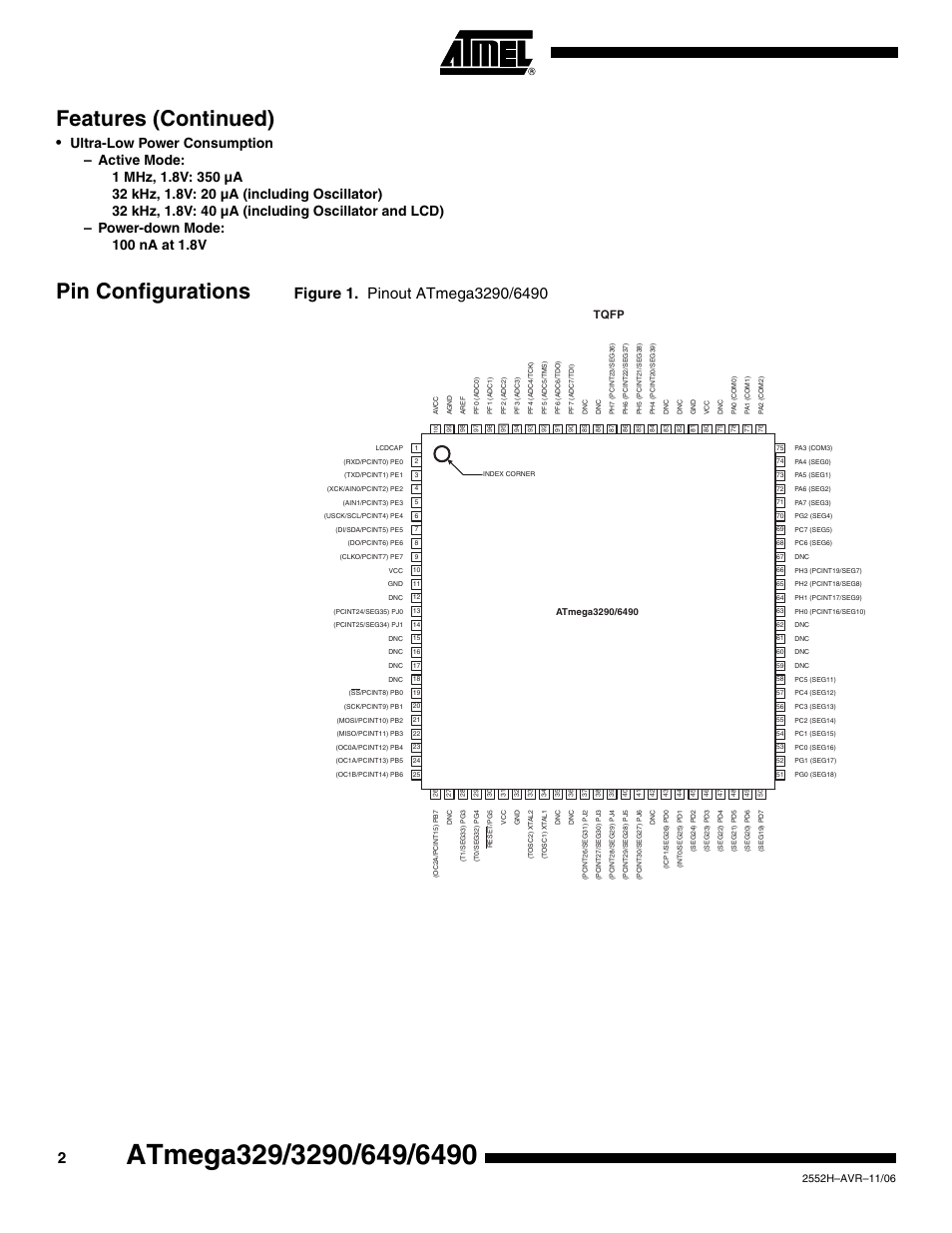 Features (continued), Pin configurations, Tqfp | Rainbow Electronics ATmega3290P_V User Manual | Page 2 / 375