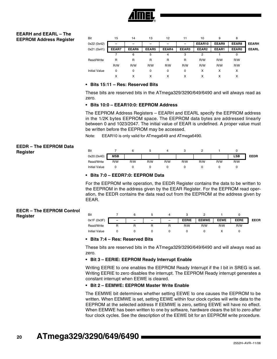 Eearh and eearl - the eeprom address register, Eedr - the eeprom data register, Eecr - the eeprom control register | Rainbow Electronics ATmega3290P_V User Manual | Page 20 / 375