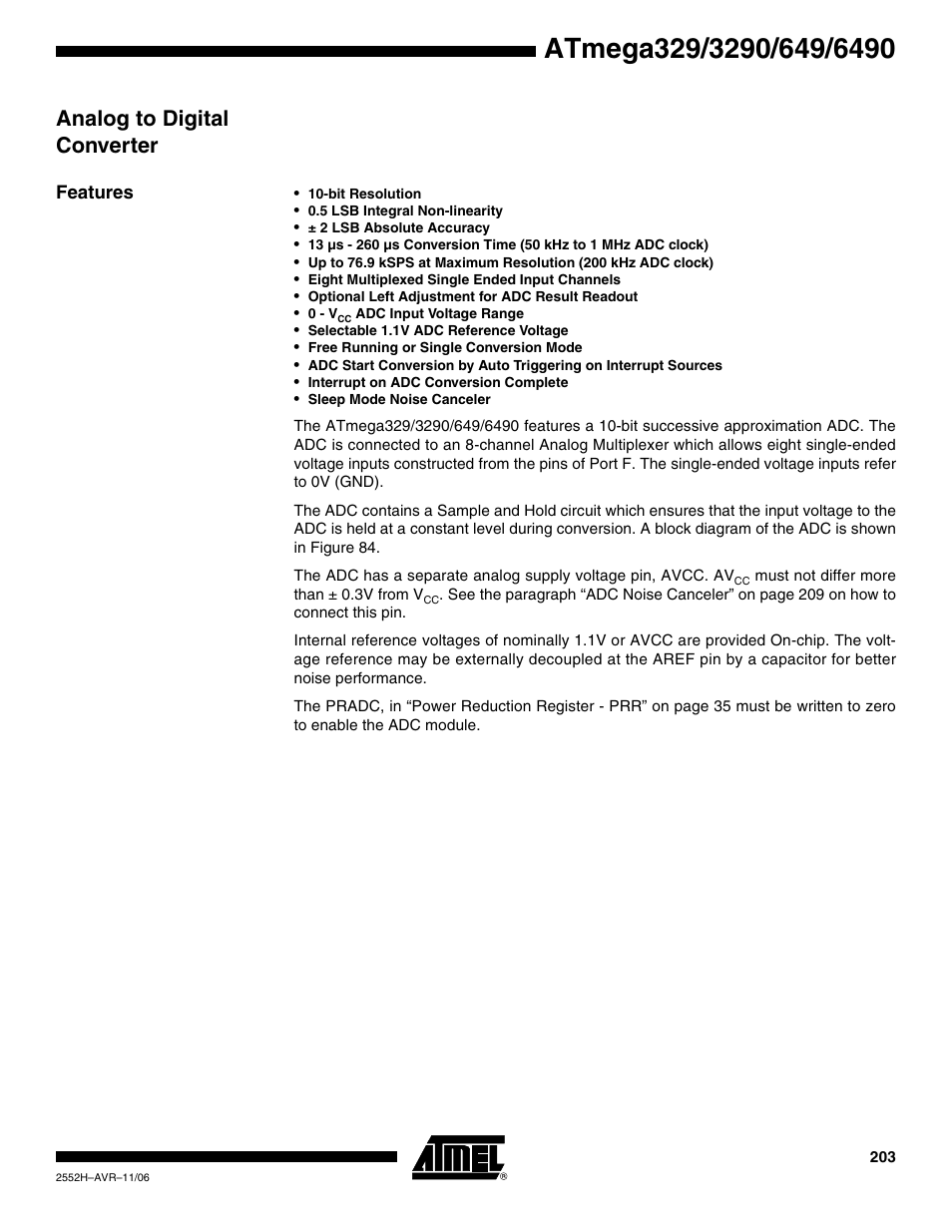 Analog to digital converter, Features | Rainbow Electronics ATmega3290P_V User Manual | Page 203 / 375