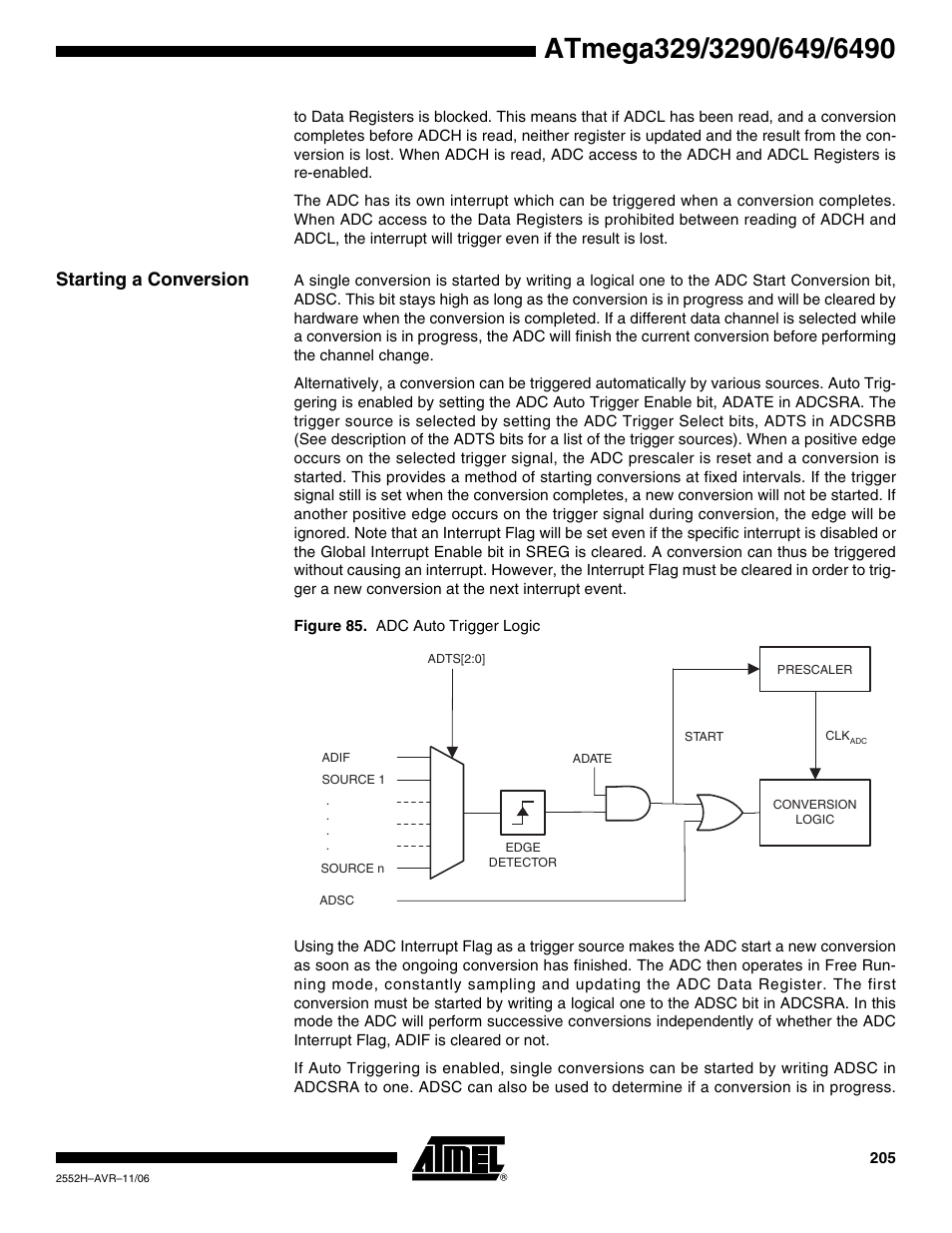 Starting a conversion | Rainbow Electronics ATmega3290P_V User Manual | Page 205 / 375