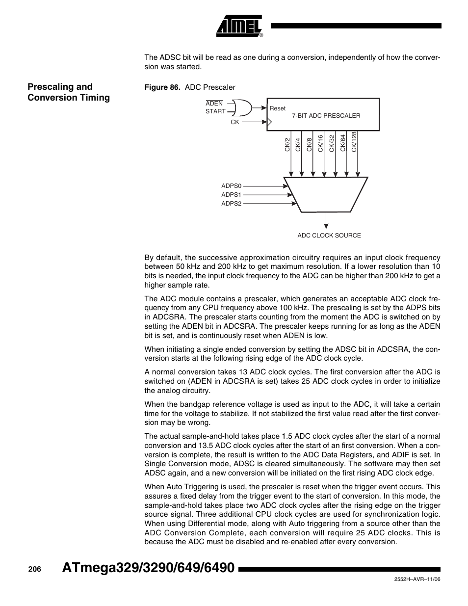 Prescaling and conversion timing | Rainbow Electronics ATmega3290P_V User Manual | Page 206 / 375