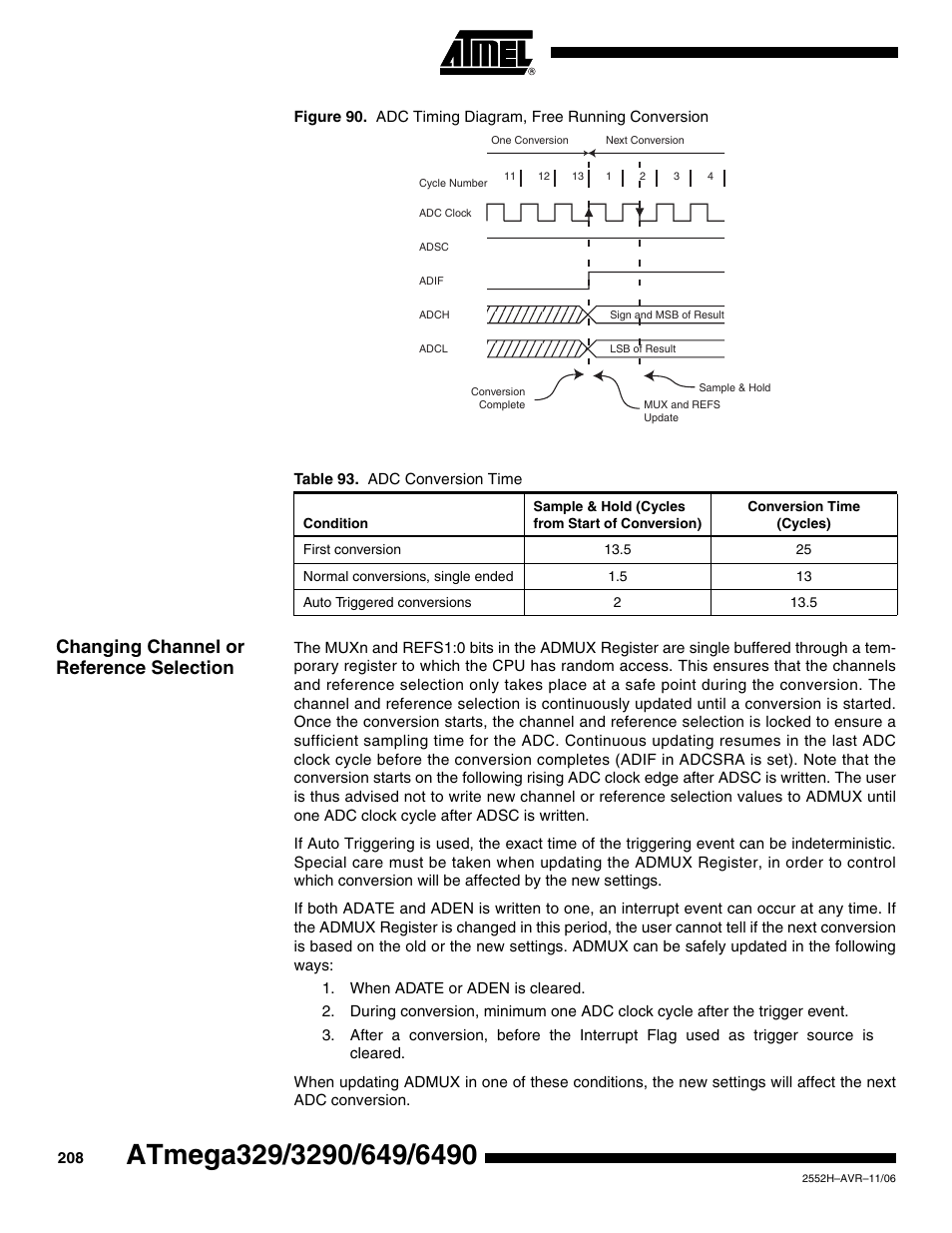 Changing channel or reference selection | Rainbow Electronics ATmega3290P_V User Manual | Page 208 / 375