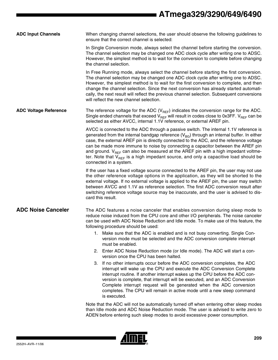 Adc input channels, Adc voltage reference, Adc noise canceler | Rainbow Electronics ATmega3290P_V User Manual | Page 209 / 375