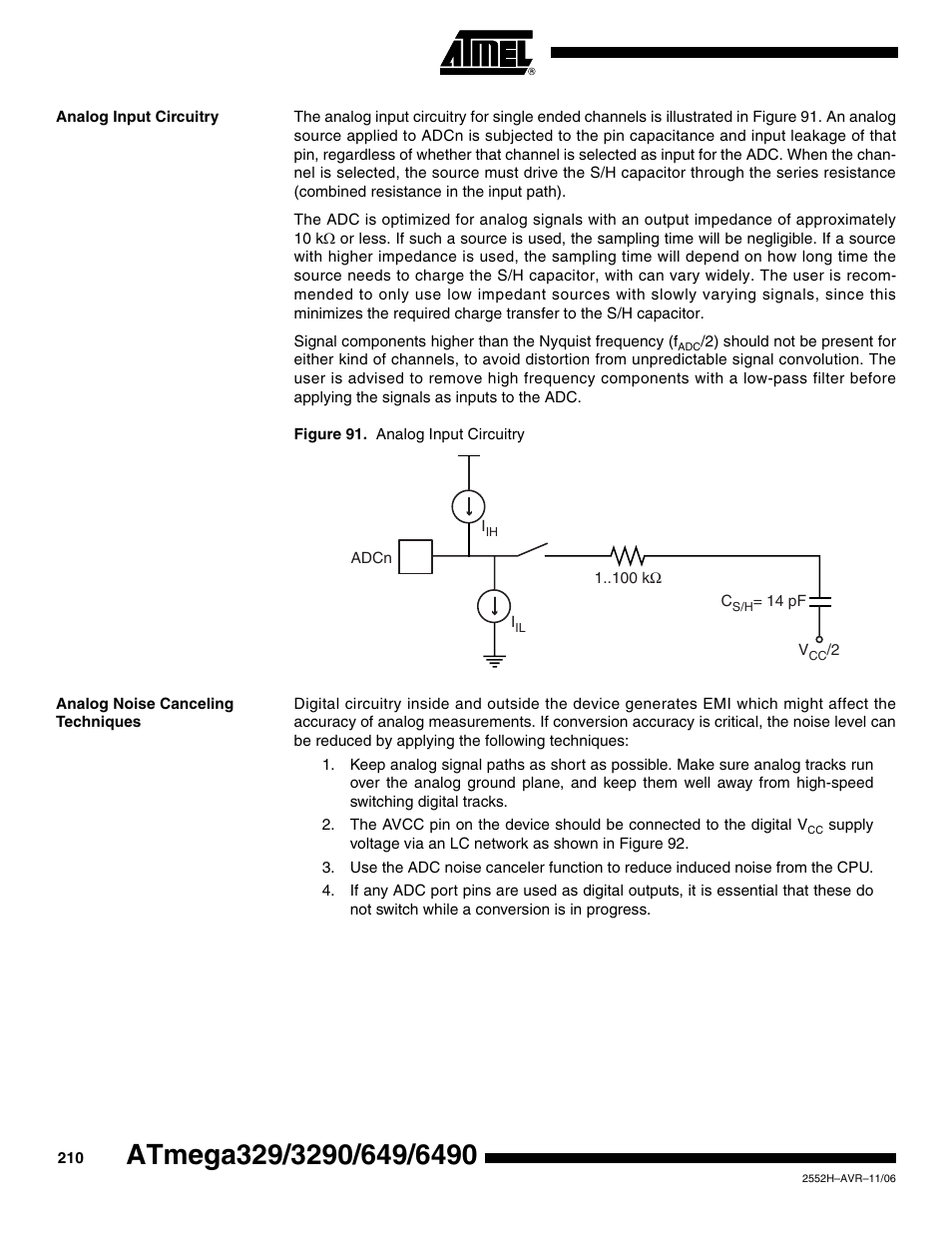 Analog input circuitry, Analog noise canceling techniques | Rainbow Electronics ATmega3290P_V User Manual | Page 210 / 375