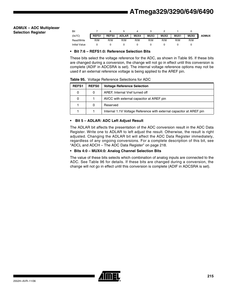 Admux - adc multiplexer selection register | Rainbow Electronics ATmega3290P_V User Manual | Page 215 / 375