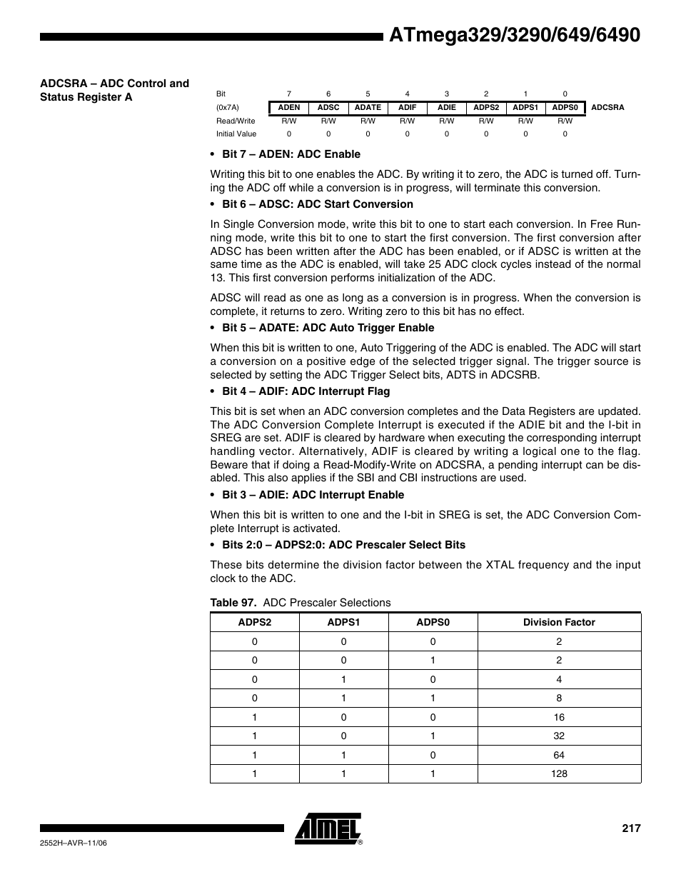 Adcsra - adc control and status register a | Rainbow Electronics ATmega3290P_V User Manual | Page 217 / 375