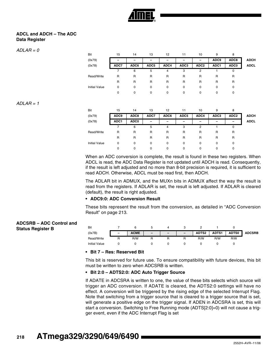 Adcl and adch - the adc data register, Adlar = 0, Adlar = 1 | Adcsrb - adc control and status register b | Rainbow Electronics ATmega3290P_V User Manual | Page 218 / 375