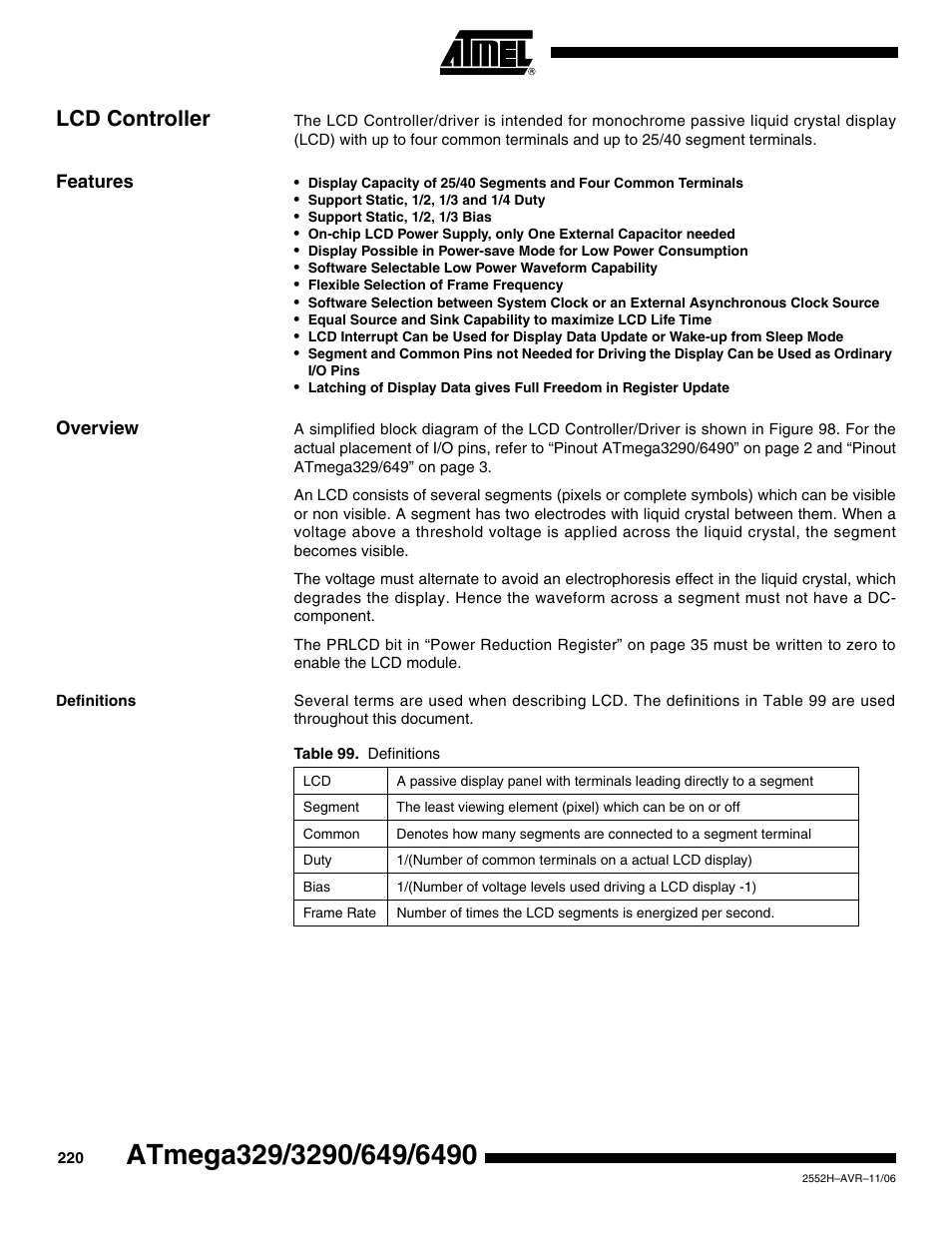 Lcd controller, Features, Overview | Definitions | Rainbow Electronics ATmega3290P_V User Manual | Page 220 / 375