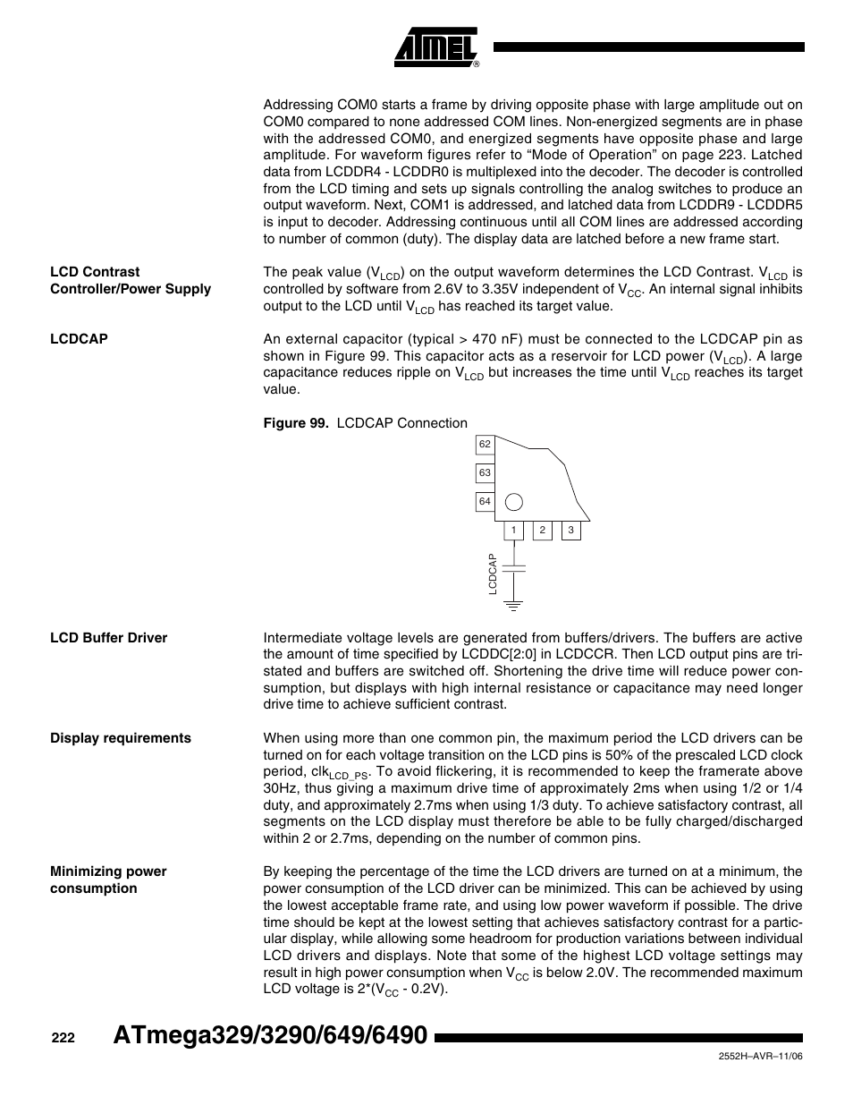 Lcd contrast controller/power supply, Lcdcap, Lcd buffer driver | Display requirements, Minimizing power consumption | Rainbow Electronics ATmega3290P_V User Manual | Page 222 / 375