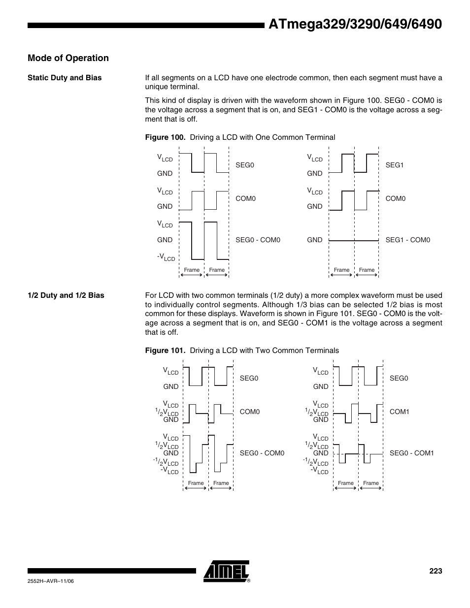Mode of operation, Static duty and bias, 1/2 duty and 1/2 bias | Rainbow Electronics ATmega3290P_V User Manual | Page 223 / 375