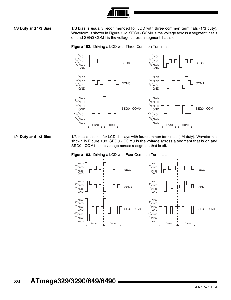 1/3 duty and 1/3 bias, 1/4 duty and 1/3 bias | Rainbow Electronics ATmega3290P_V User Manual | Page 224 / 375