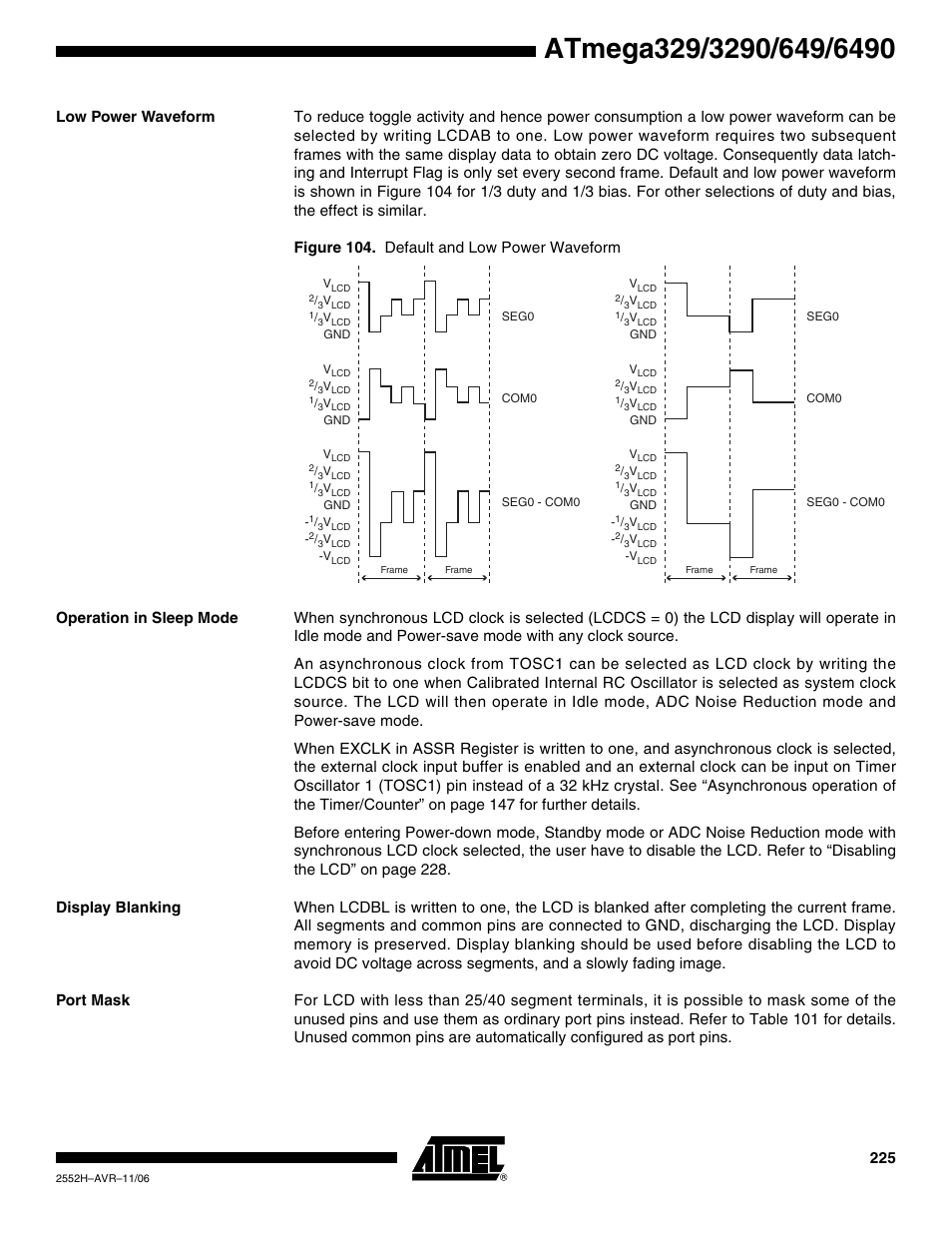 Low power waveform, Operation in sleep mode, Display blanking | Port mask | Rainbow Electronics ATmega3290P_V User Manual | Page 225 / 375