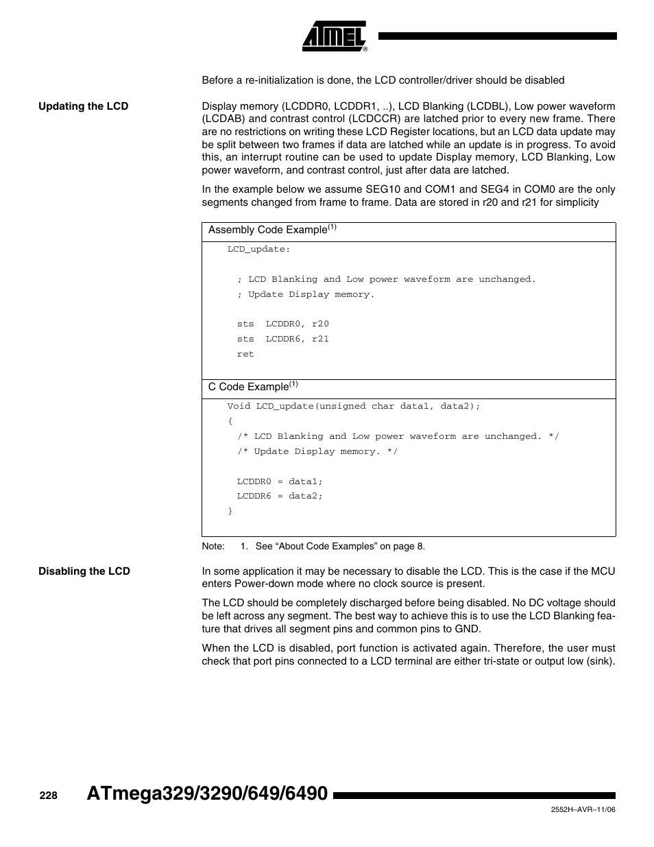 Updating the lcd, Disabling the lcd | Rainbow Electronics ATmega3290P_V User Manual | Page 228 / 375