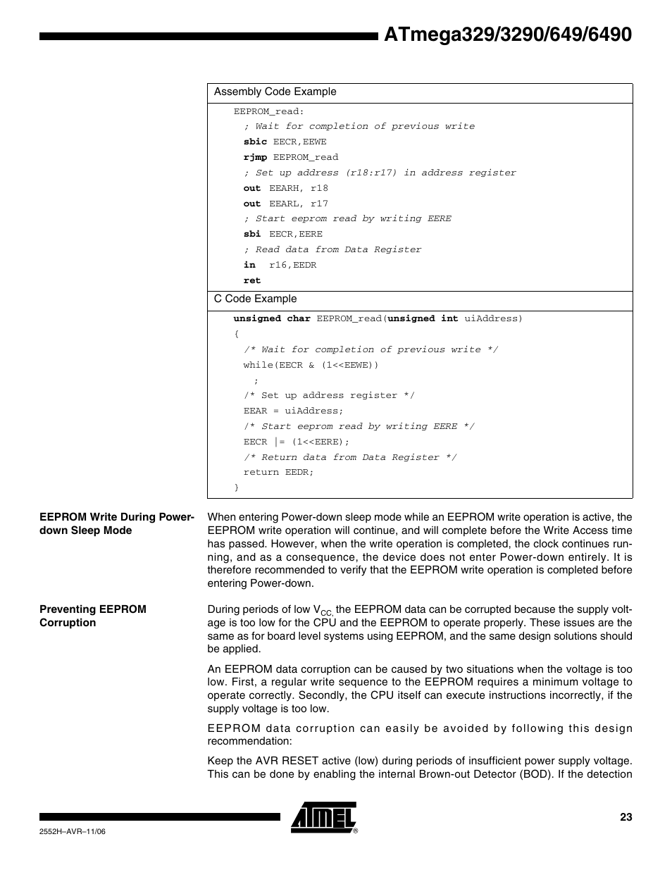 Eeprom write during power- down sleep mode, Preventing eeprom corruption | Rainbow Electronics ATmega3290P_V User Manual | Page 23 / 375