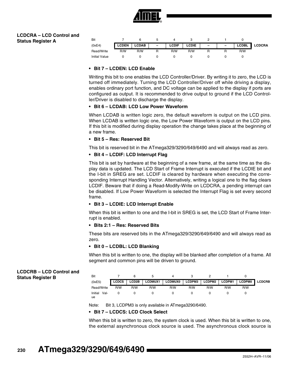 Lcdcra - lcd control and status register a, Lcdcrb - lcd control and status register b | Rainbow Electronics ATmega3290P_V User Manual | Page 230 / 375