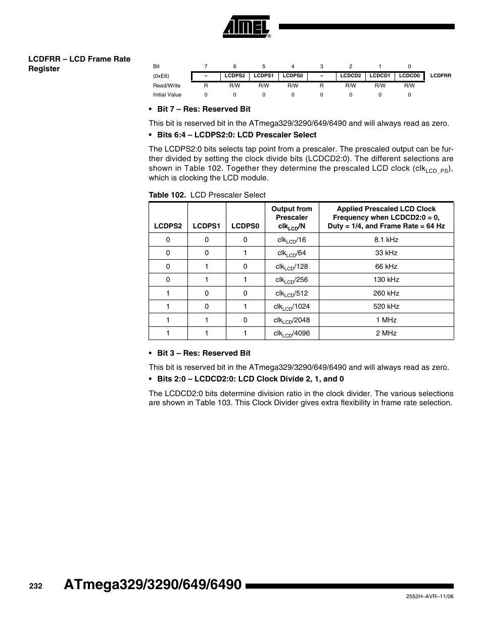 Lcdfrr - lcd frame rate register | Rainbow Electronics ATmega3290P_V User Manual | Page 232 / 375