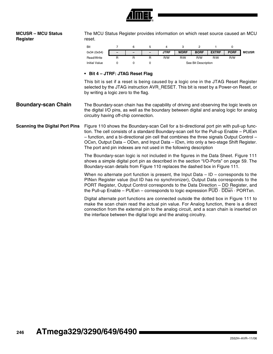 Mcusr - mcu status register, Boundary-scan chain, Scanning the digital port pins | Rainbow Electronics ATmega3290P_V User Manual | Page 246 / 375