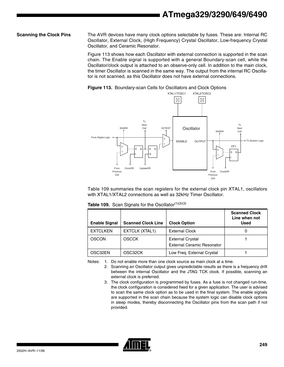 Scanning the clock pins, Table 109. scan signals for the oscillator | Rainbow Electronics ATmega3290P_V User Manual | Page 249 / 375