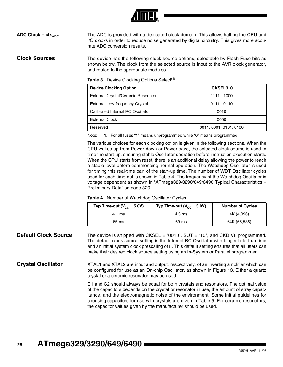 Adc clock - clkadc, Clock sources, Default clock source | Crystal oscillator | Rainbow Electronics ATmega3290P_V User Manual | Page 26 / 375