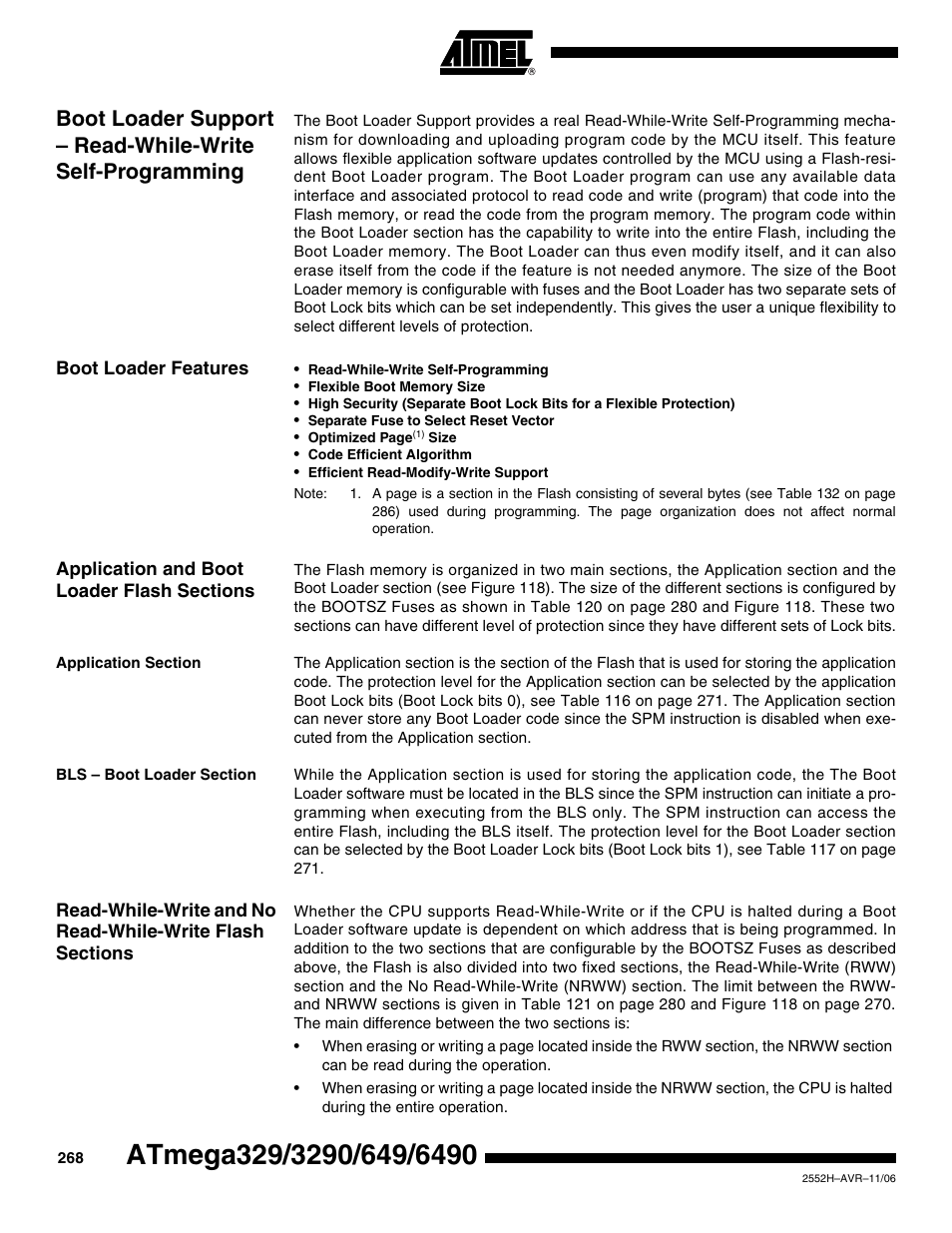 Boot loader features, Application and boot loader flash sections, Application section | Bls - boot loader section | Rainbow Electronics ATmega3290P_V User Manual | Page 268 / 375