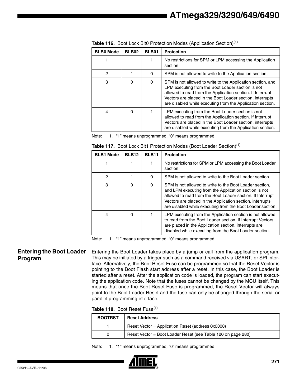 Entering the boot loader program | Rainbow Electronics ATmega3290P_V User Manual | Page 271 / 375