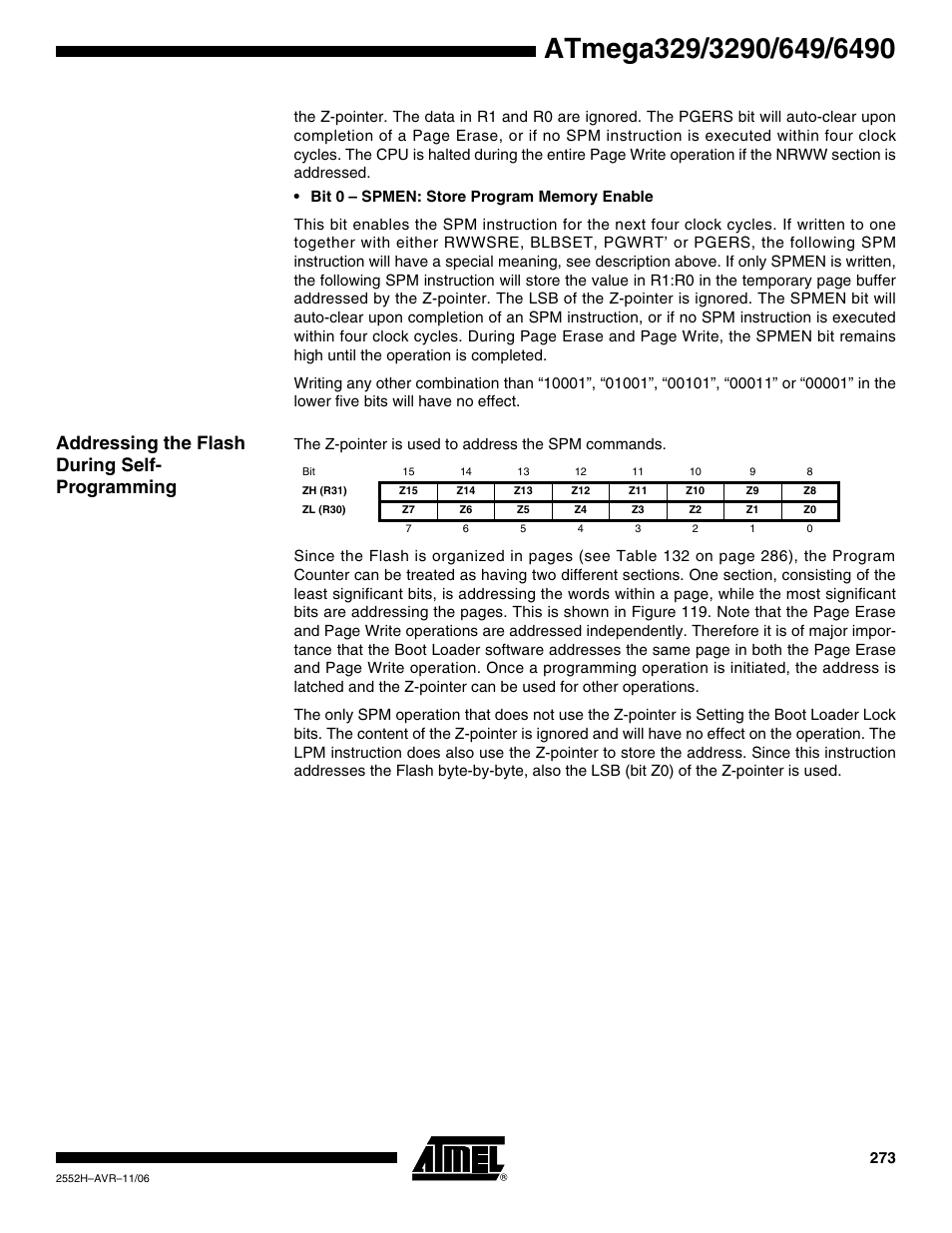 Addressing the flash during self- programming | Rainbow Electronics ATmega3290P_V User Manual | Page 273 / 375